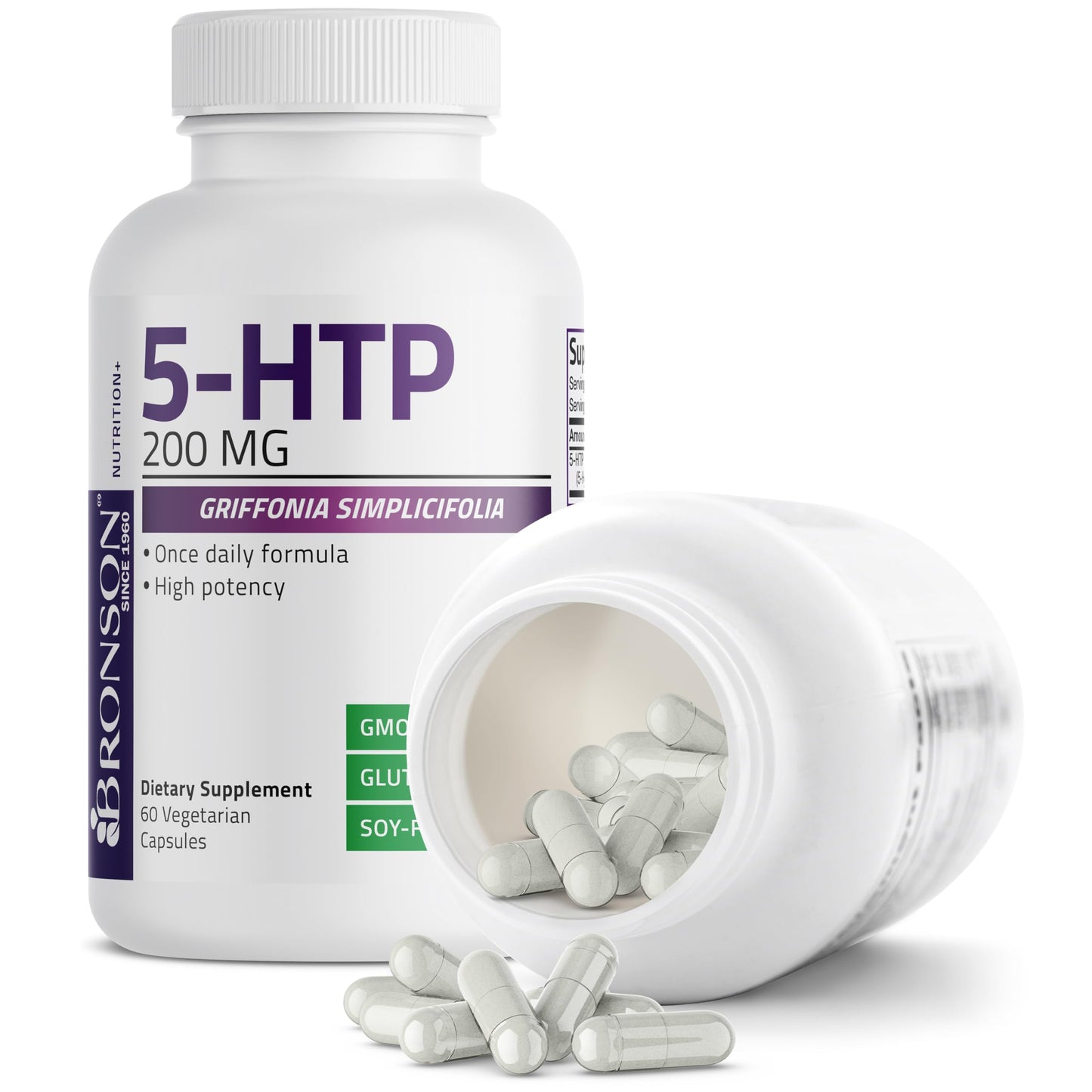 Bronson 5-HTP 200mg (5-hydroxytryptophan) Griffonia Simplicifolia Non-GMO, Capsule, 60 Count