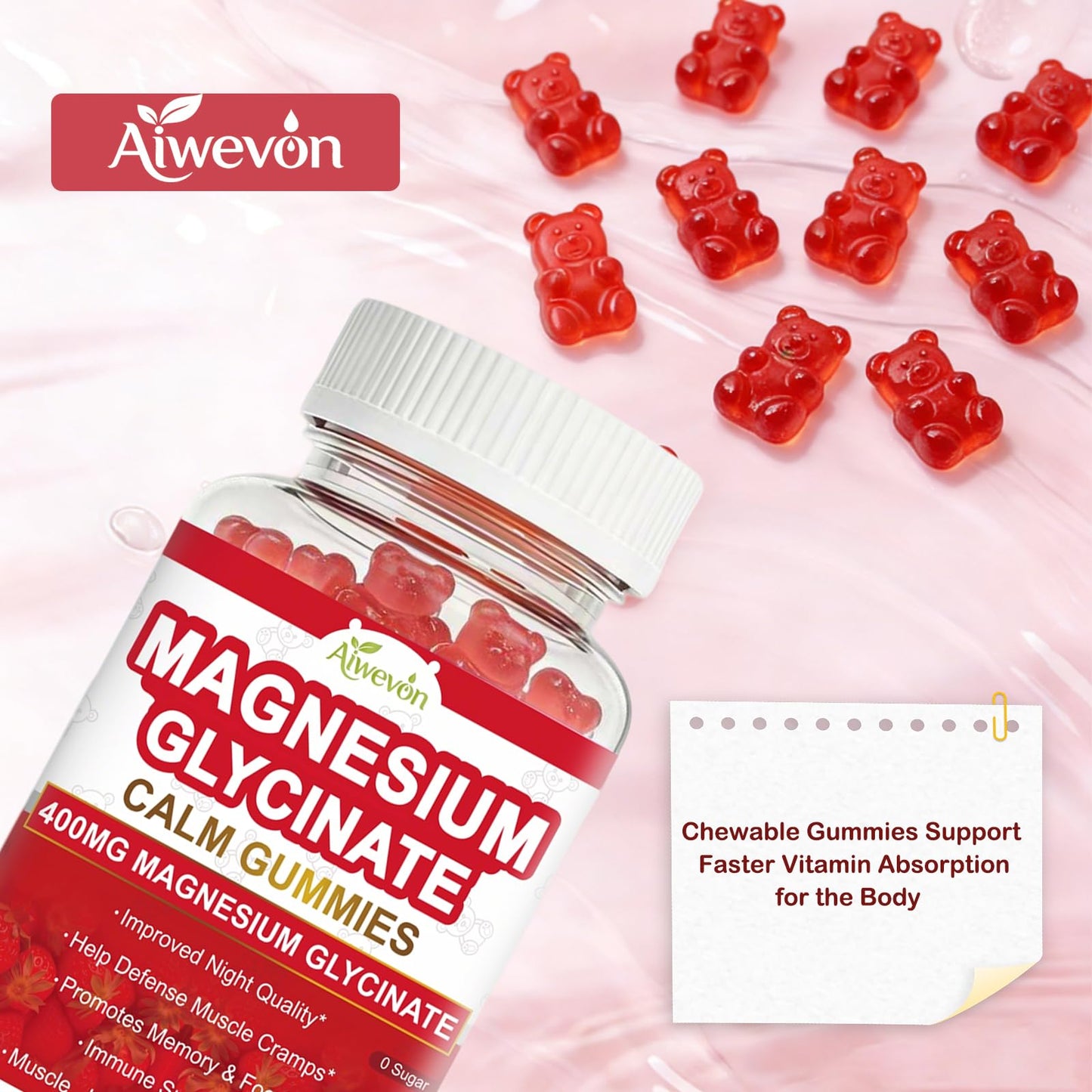 Aiwevon Magnesium Glycinate Gummies 400mg Sugar Free, Chewable Strawberry, 60 count