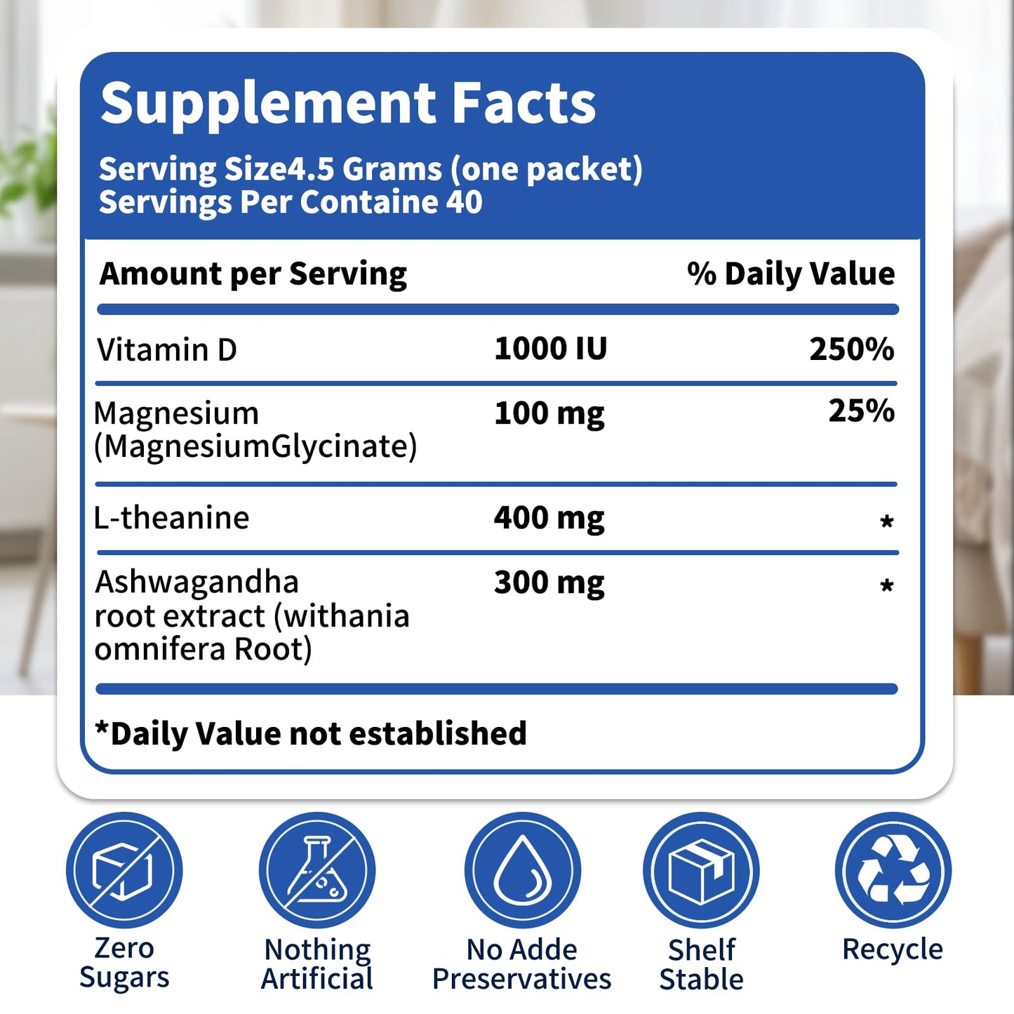 OLELON Super Cortisol Calm Magnesium Glycinate Powder with Ashwagandha, L-Theanine & Vitamin D3, Raspberry Lemonade, No Sugar, 40 Count