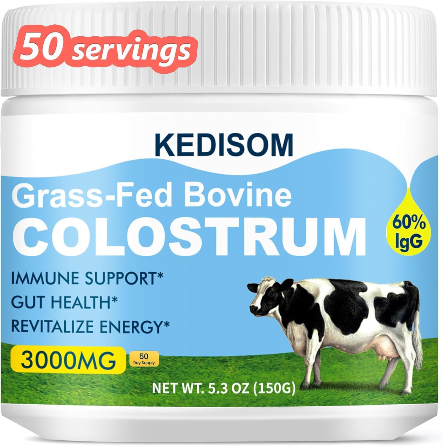 KEDISOM Grass-Fed Bovine Colostrum Supplement Powder, 50 Servings
