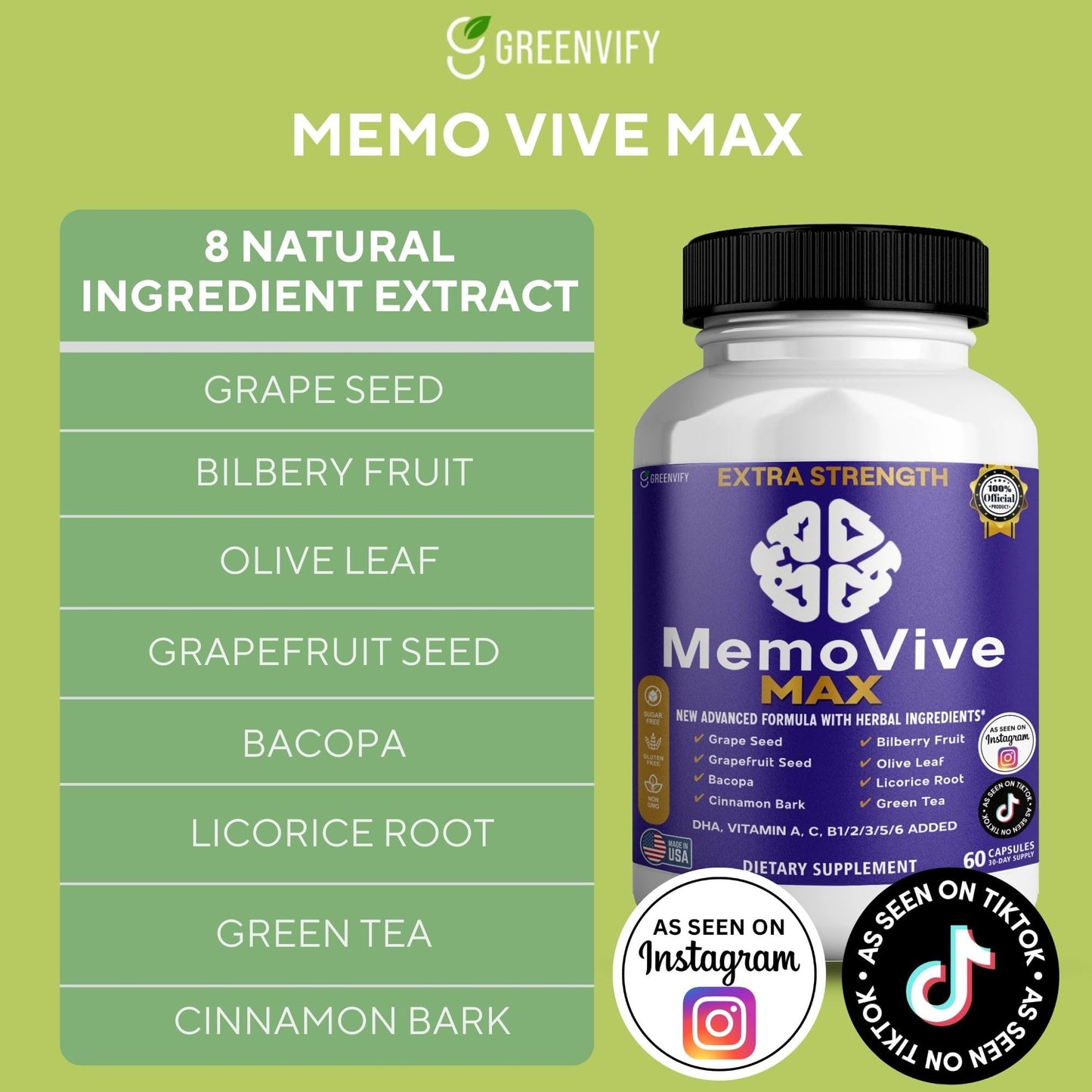 GREENVIFY MemoVive MAX Extra Strength Memory Support Supplement Capsules, 60 Capsules