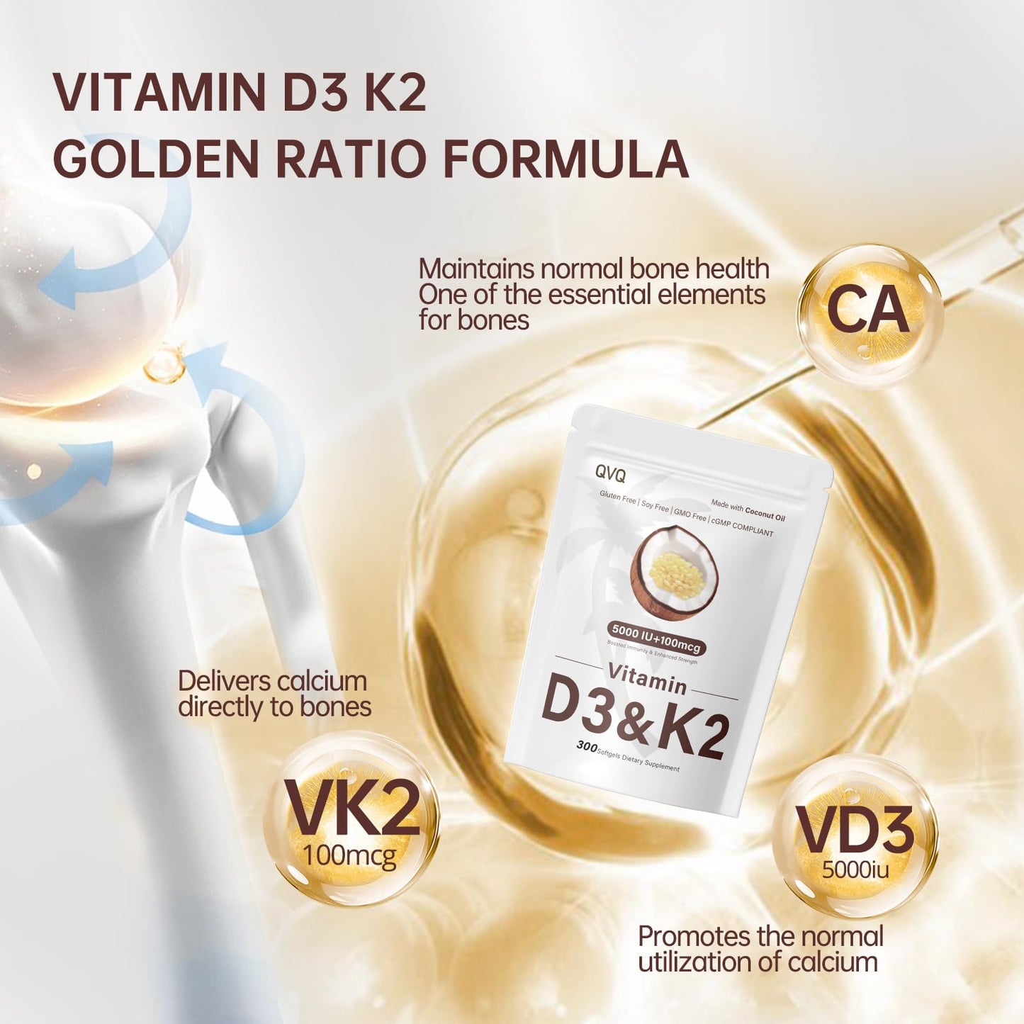 QVQ Vitamin D3 K2 5000 IU + 100 mcg Softgels, Coconut Oil, Gluten-Free, Non-GMO, Soy Free, 300 Count