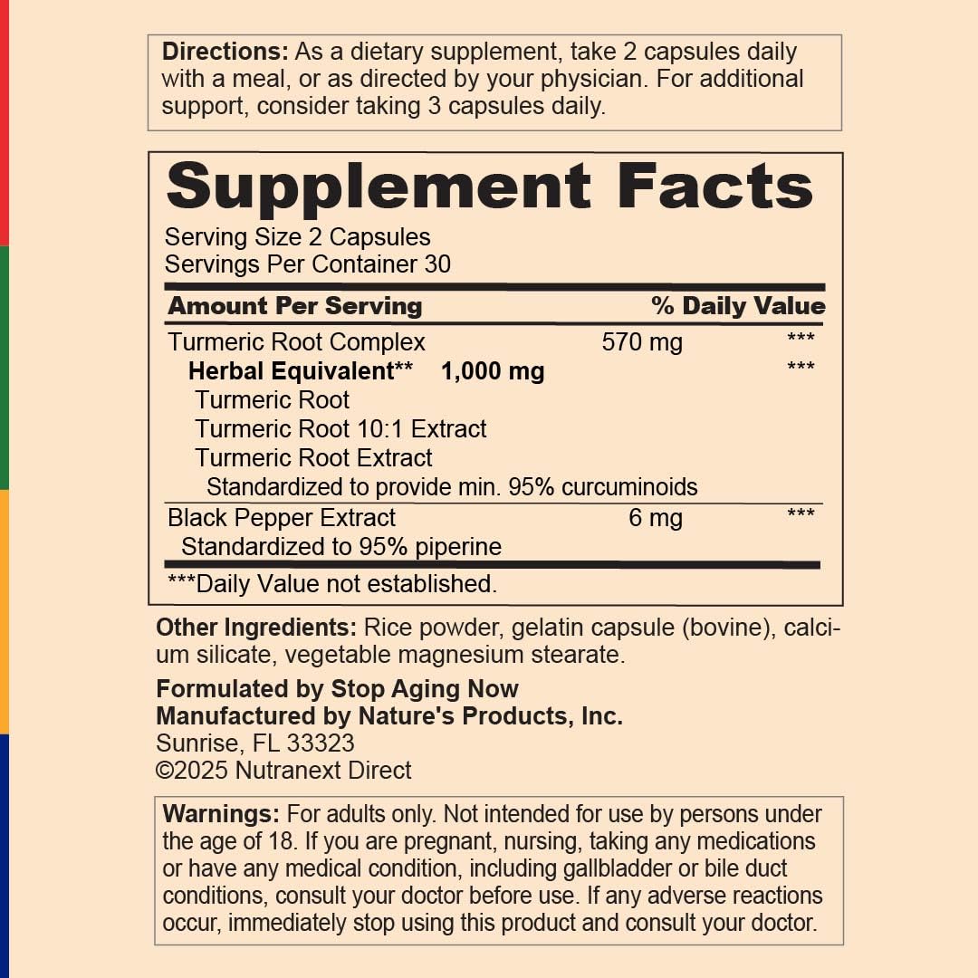 Stop Aging Now Turmeric Curcumin Supplement With Black Pepper Capsules, 60 Count