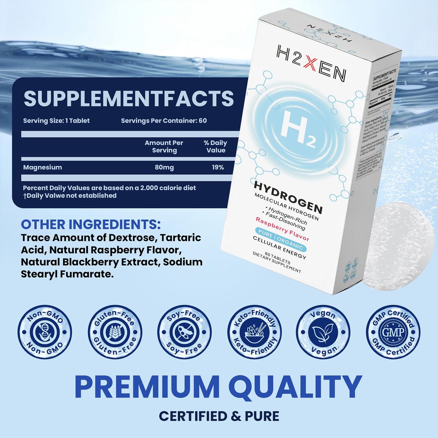 H2XEN Molecular Hydrogen Tablets with Magnesium - 8 PPM Hydrogen Water Tablets for Drinking Water, 60 Tablets