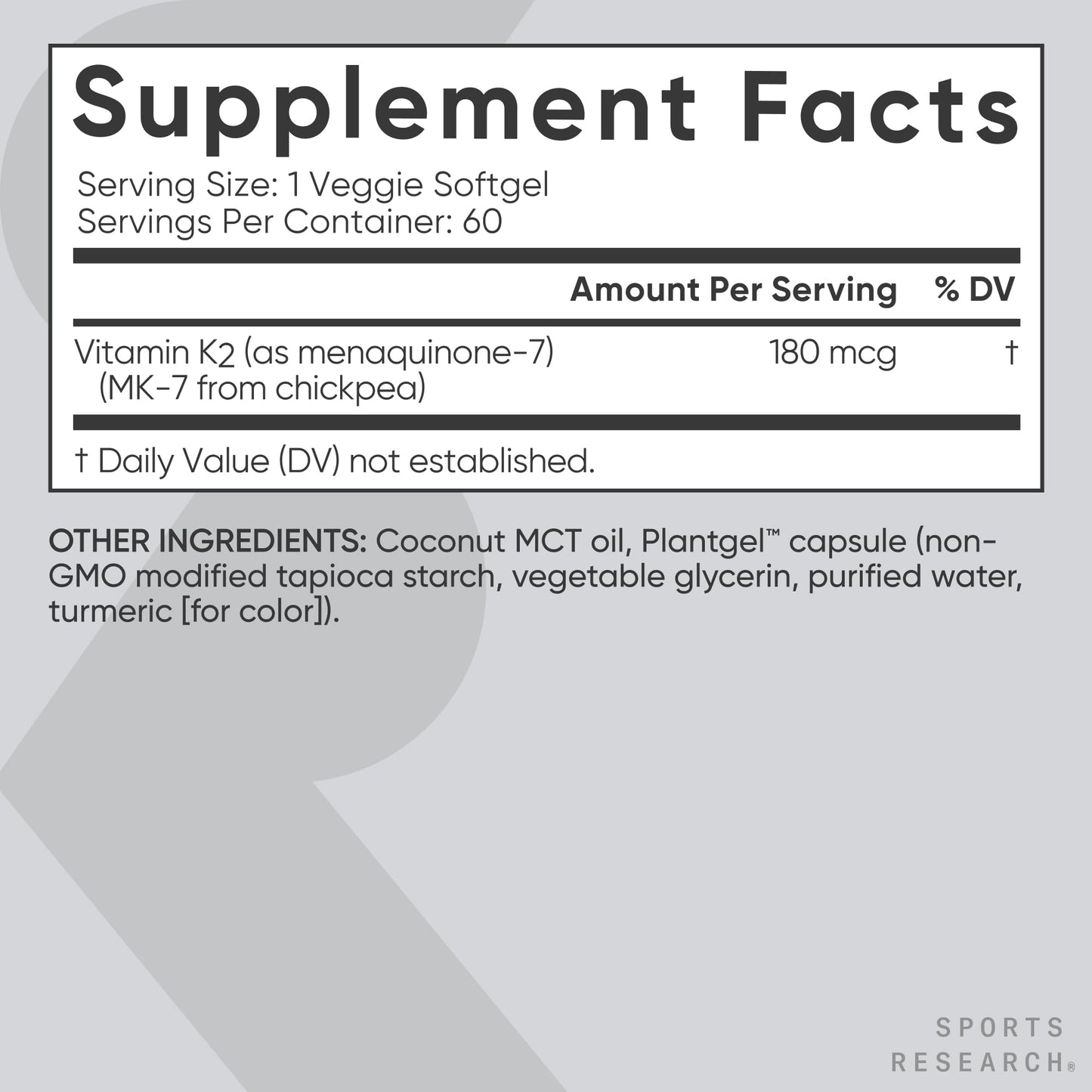 Sports Research Vitamin K2 (MK-7) 180mcg w/Coconut MCT Oil Softgels, 60 Count