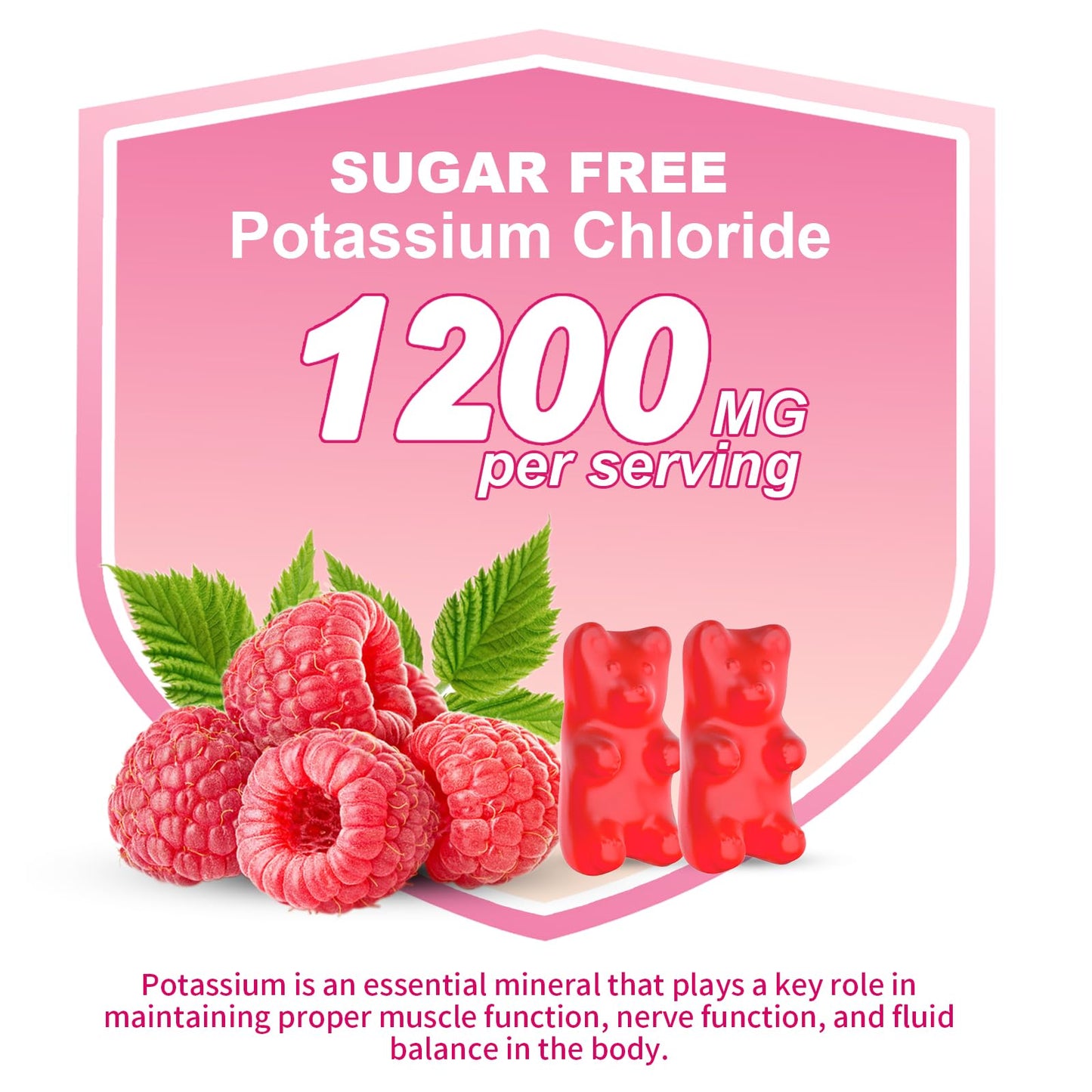 YUULAI Potassium Gummies 1200mg Potassium Chloride, Sugar-Free Raspberry Flavor, Gummy, 60 Count