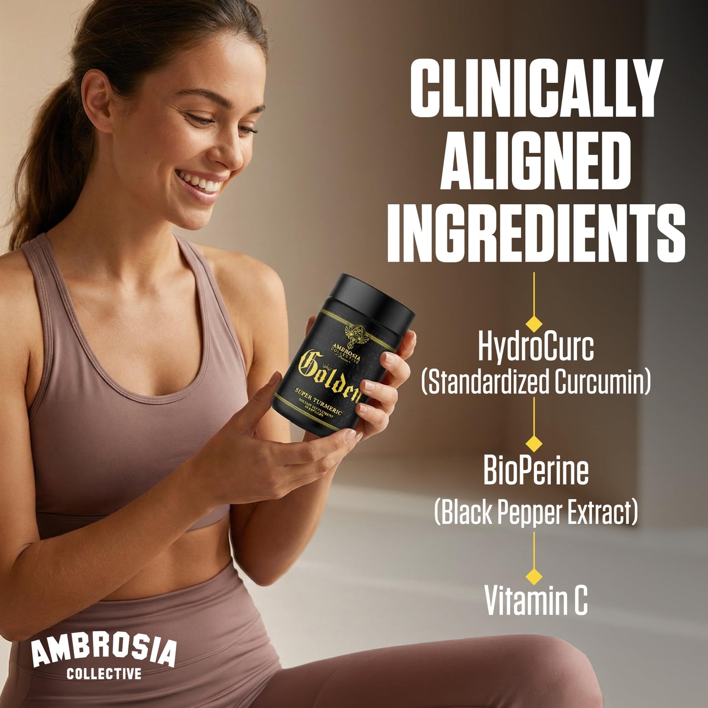 Ambrosia Golden Super Turmeric Bioavailable Curcumin HydroCurc Gut, Brain & Joint Support 765mg Active Curcuminoids Capsules 60 Count