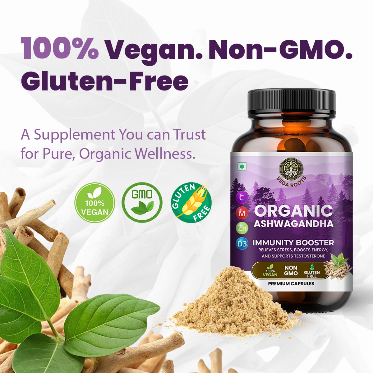 VEDA ROOTS Ashwagandha KSM 66 Capsule, 60 Capsules