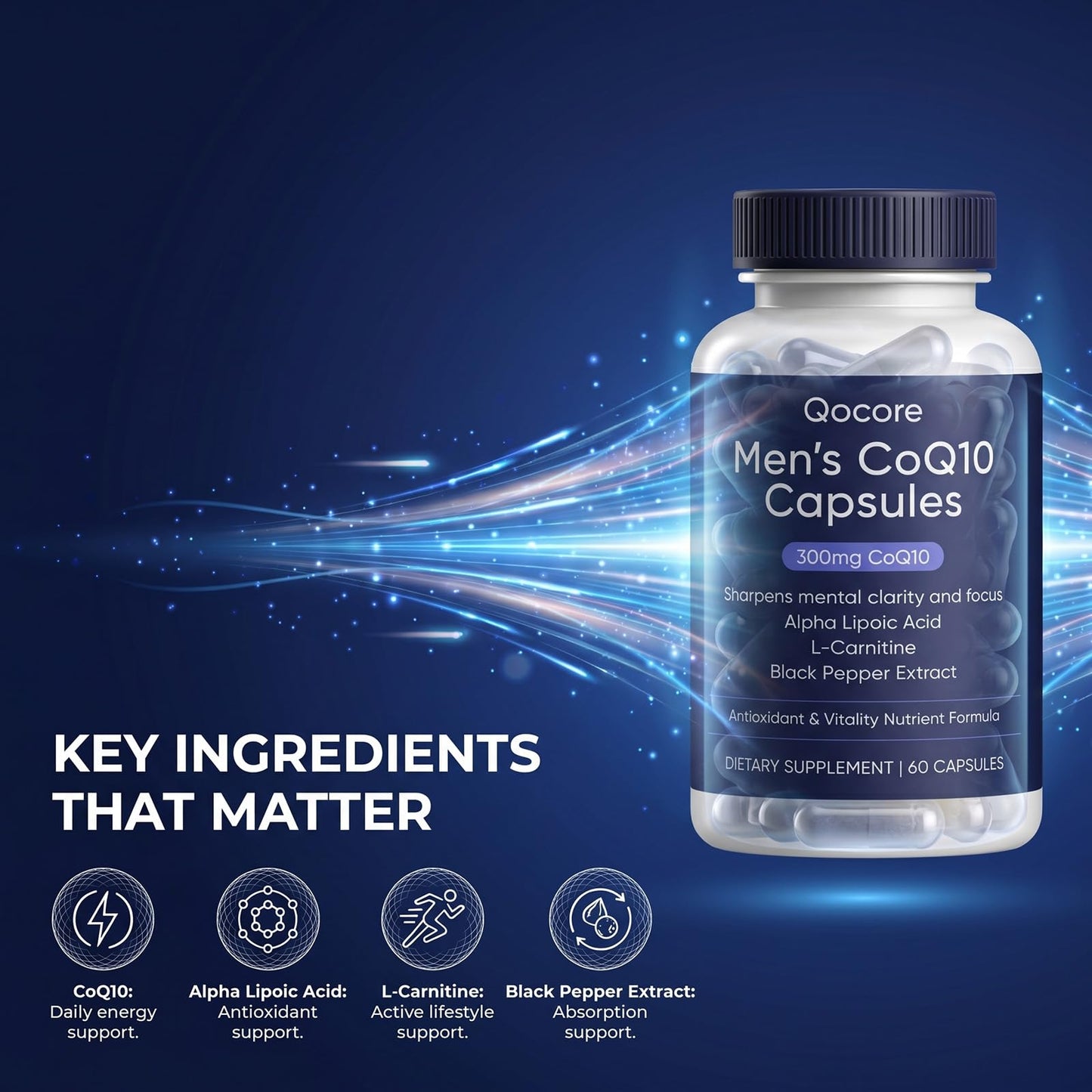 QOCORE Men’s CoQ10 300mg Capsules, Daily Energy and Antioxidant Formula, 60 Count