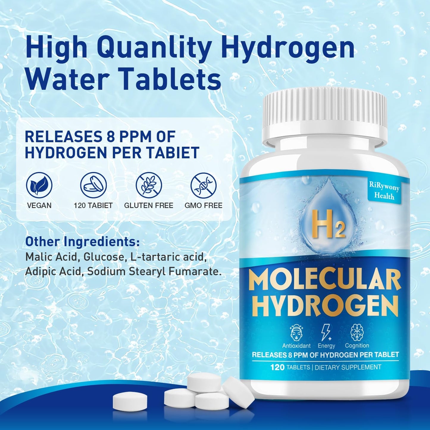 RiRywony Health Hydrogen Water Tablets Gummy, 120 Count