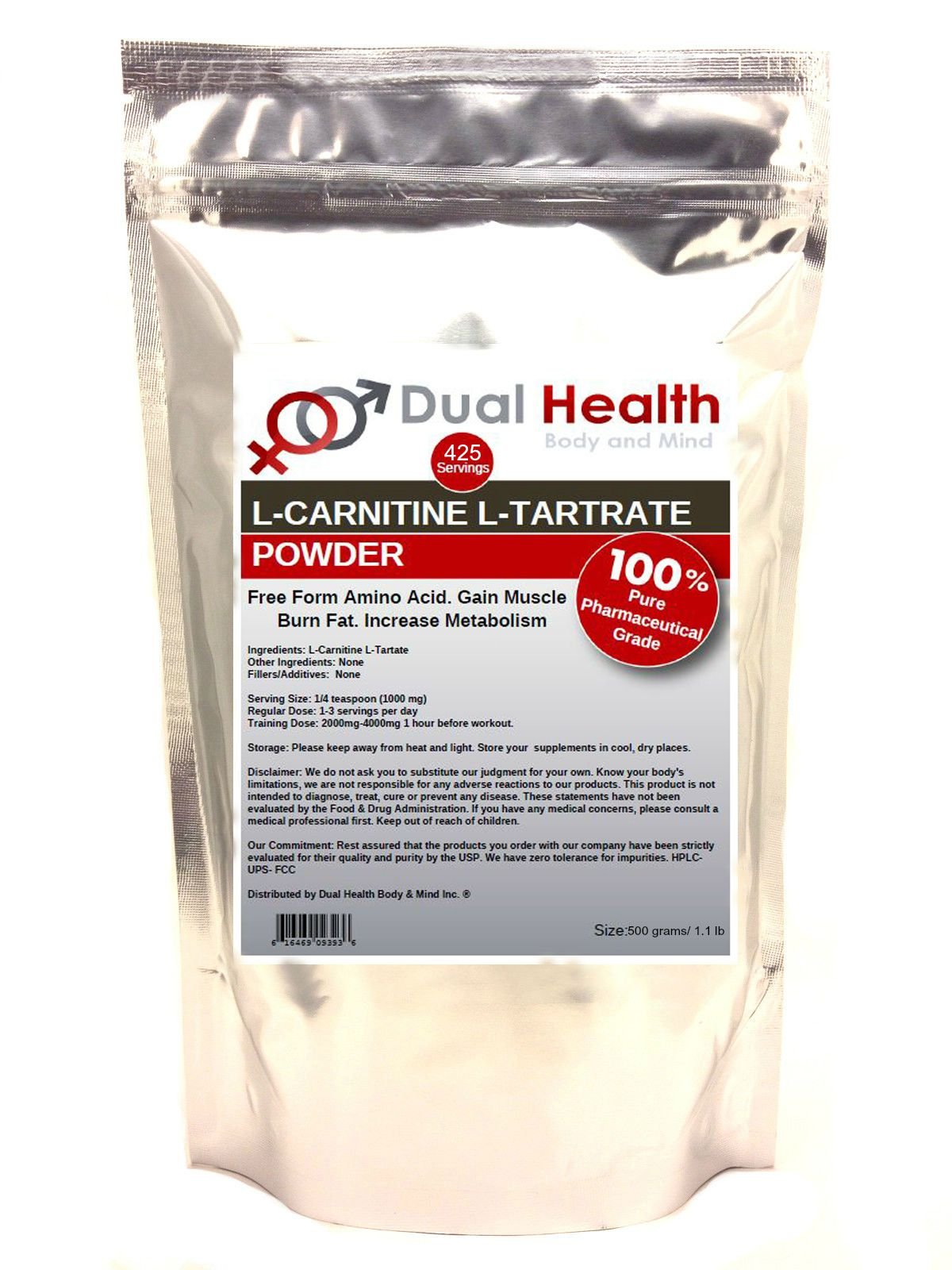 Dual Health Body & Mind Pure L-Carnitine L-Tartrate Powder 17.637 oz
