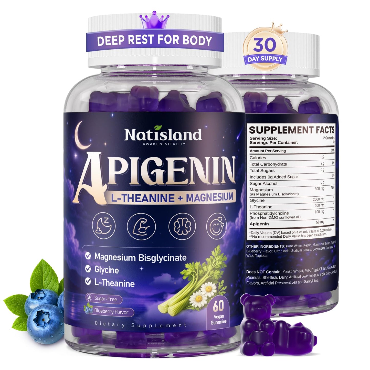 NATISLAND Apigenin Supplement for Sleep Gummy 60 Count