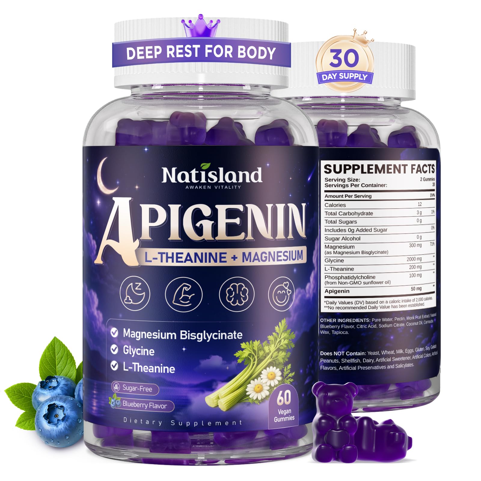 NATISLAND Apigenin Supplement for Sleep Gummy 60 Count