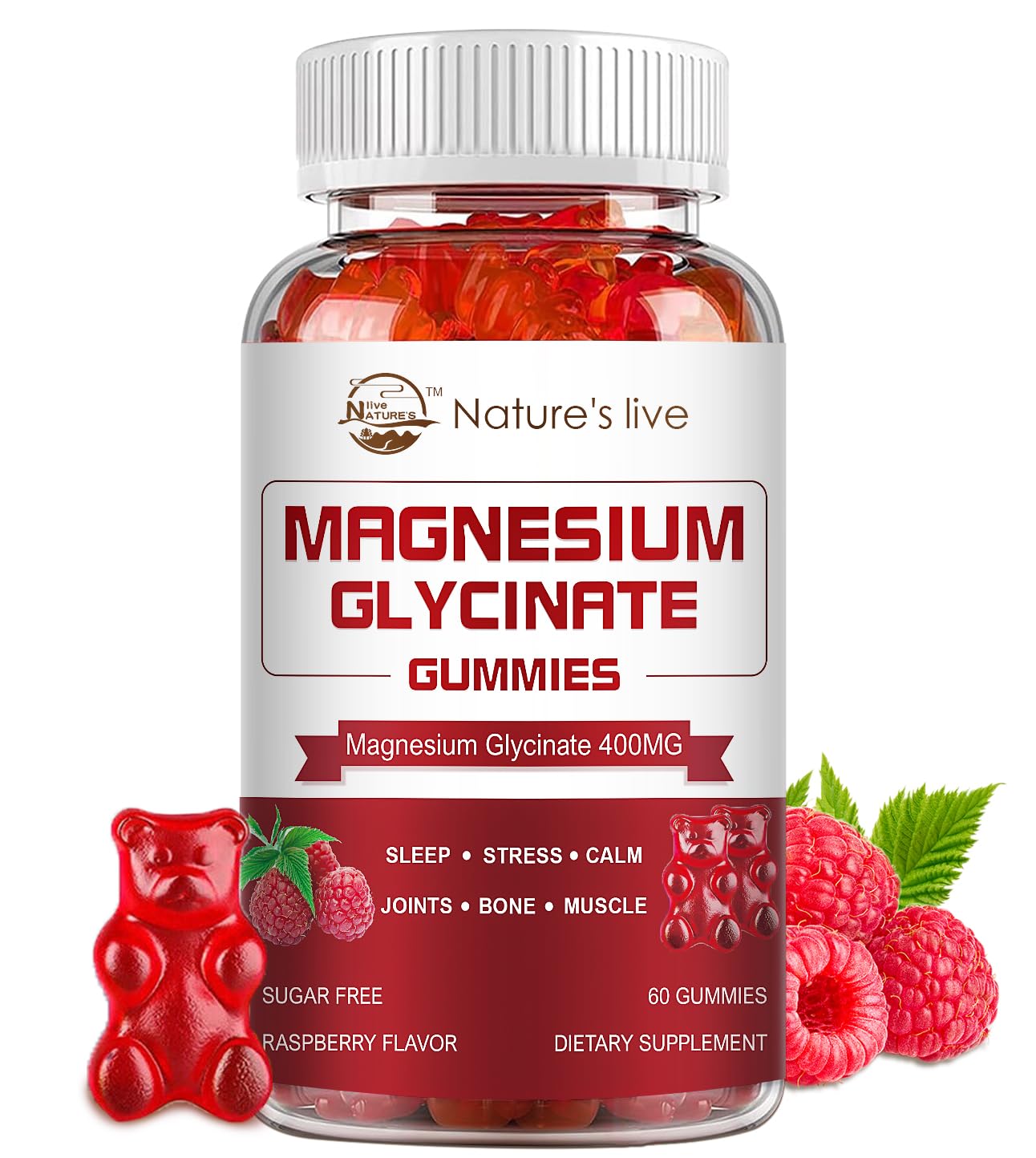 Nature's live Magnesium Glycinate Gummies, Sugar Free with 400mg Magnesium Glycinate and 200mg Magnesium L-Threonate for Calm Mood, Muscle, Bone & Sleep, 60 Gummies