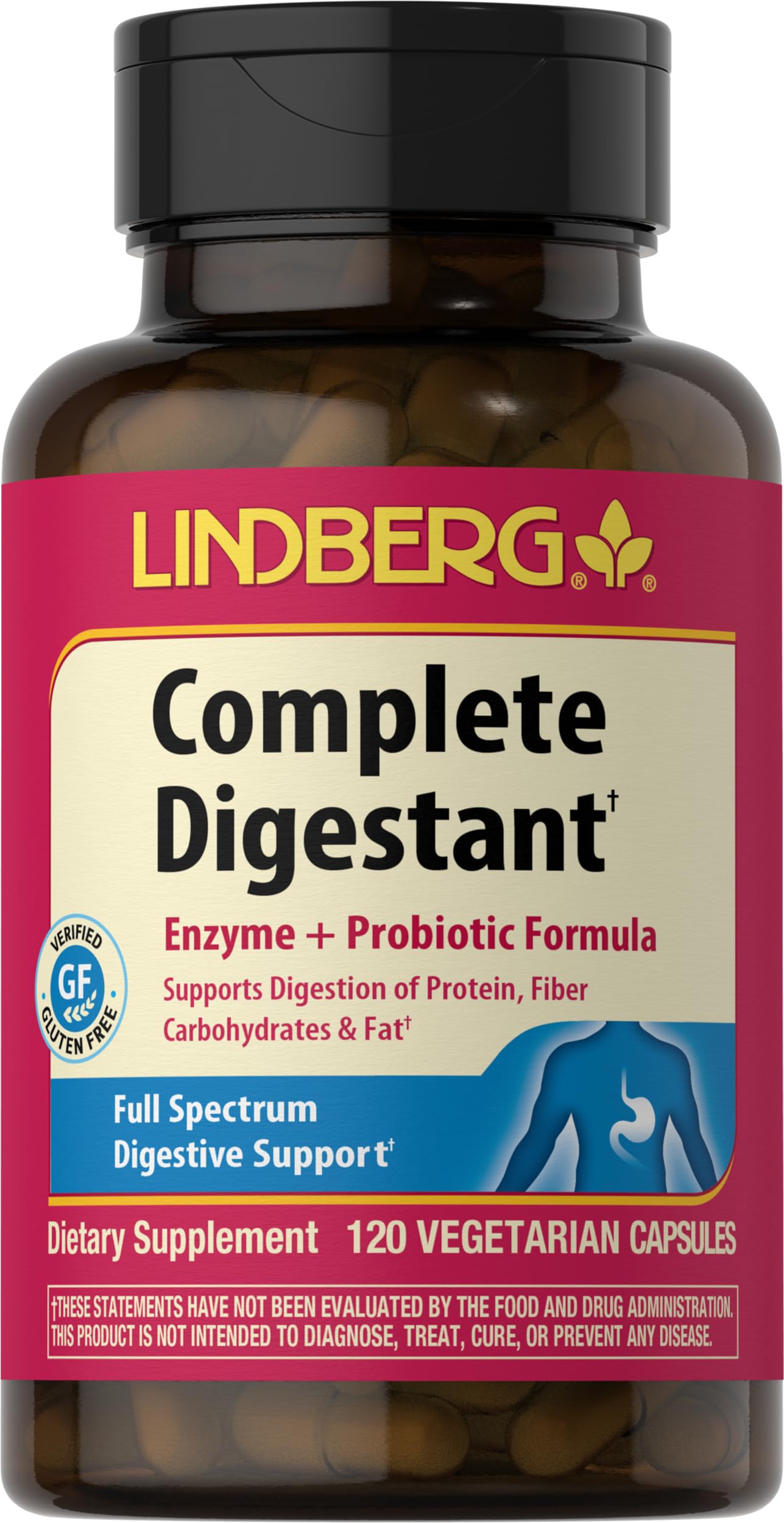 Lindberg Complete Digestant Multi-Enzyme Formula with Pancreatin and Betain Hydrochloride Capsules, 120 Capsules