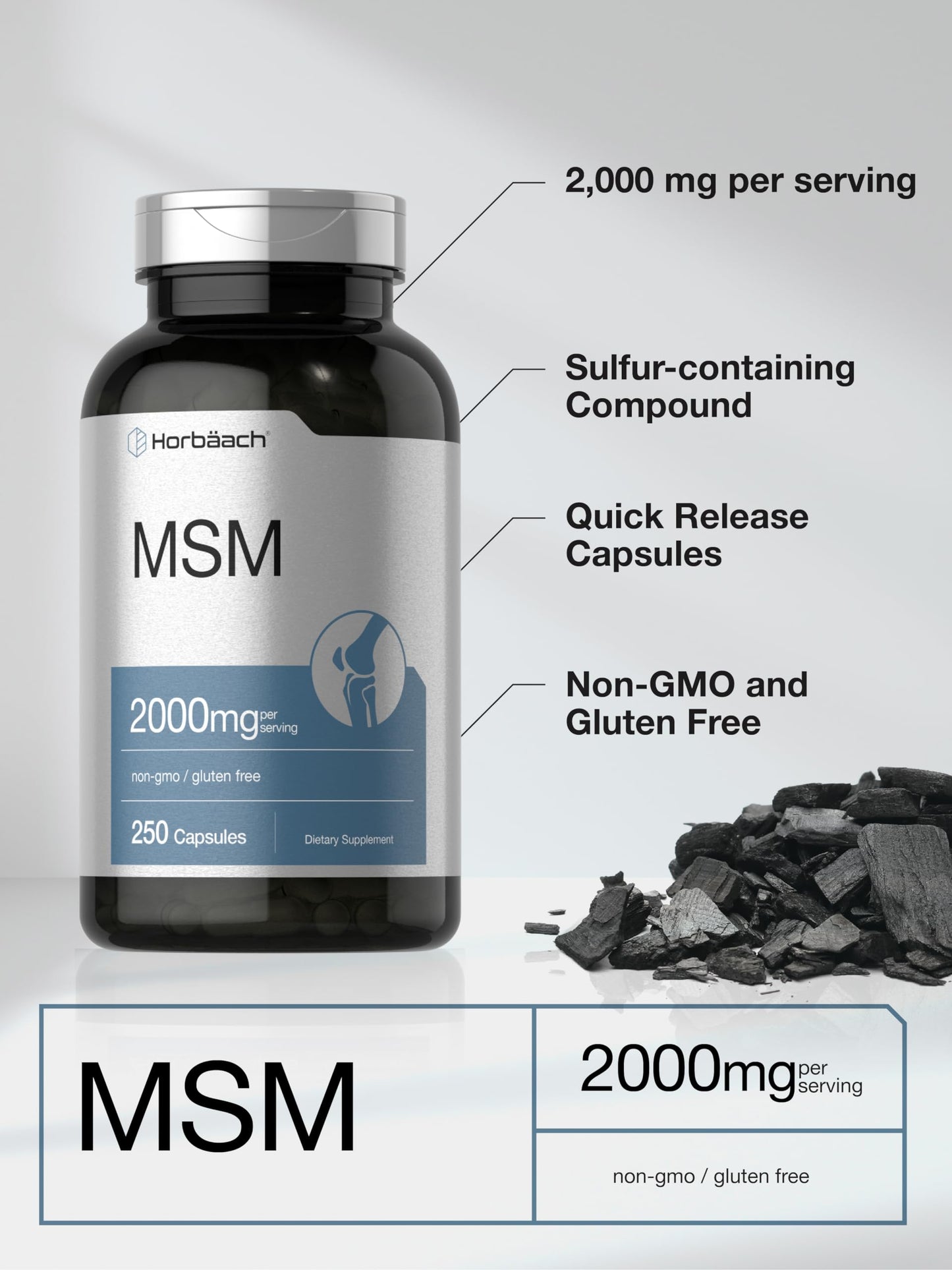 Horbäach MSM Methylsulfonylmethane 2000mg Capsule, 250 Capsules