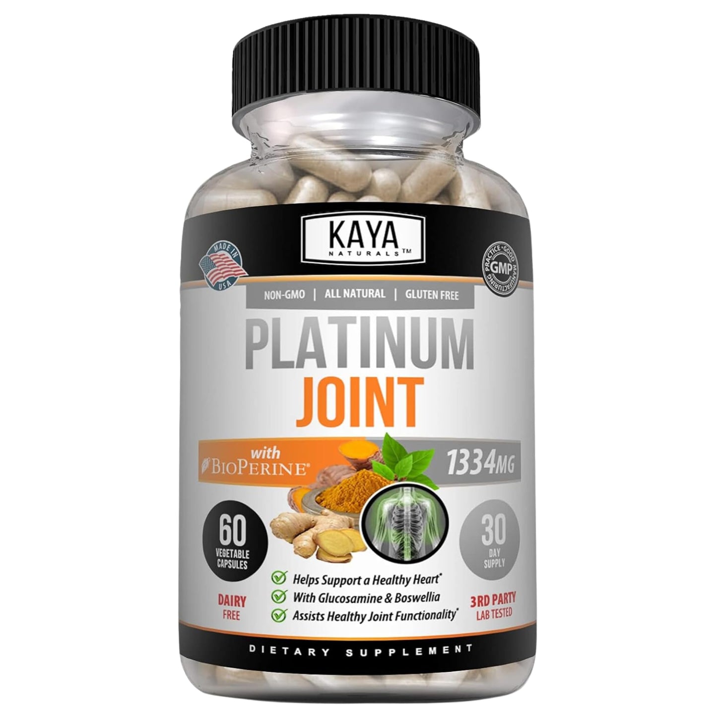 Kaya Naturals Platinum Turmeric Curcumin 1334mg with Boswellia and Glucosamine Bioperine Capsules, 60 Count
