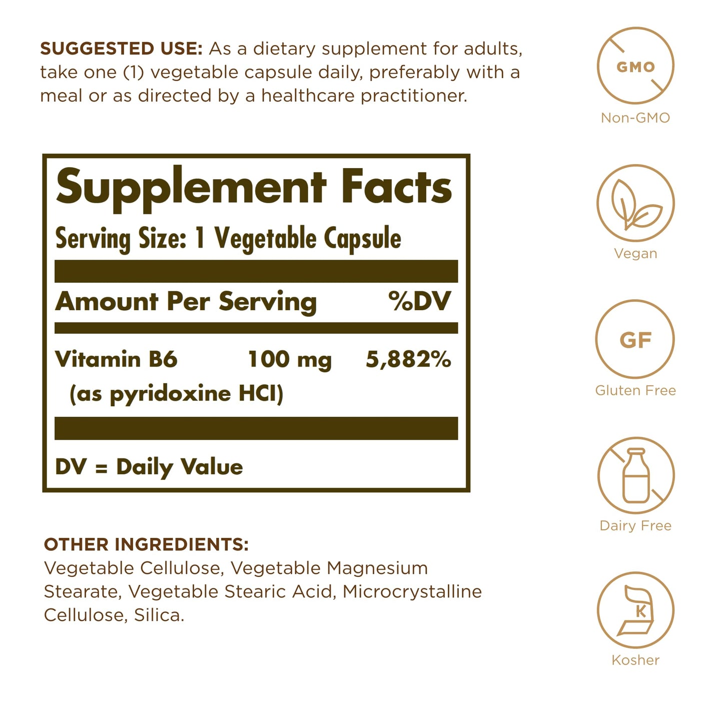 Solgar Vitamin B6 100 Mg Vegetable Capsules, 100 Count