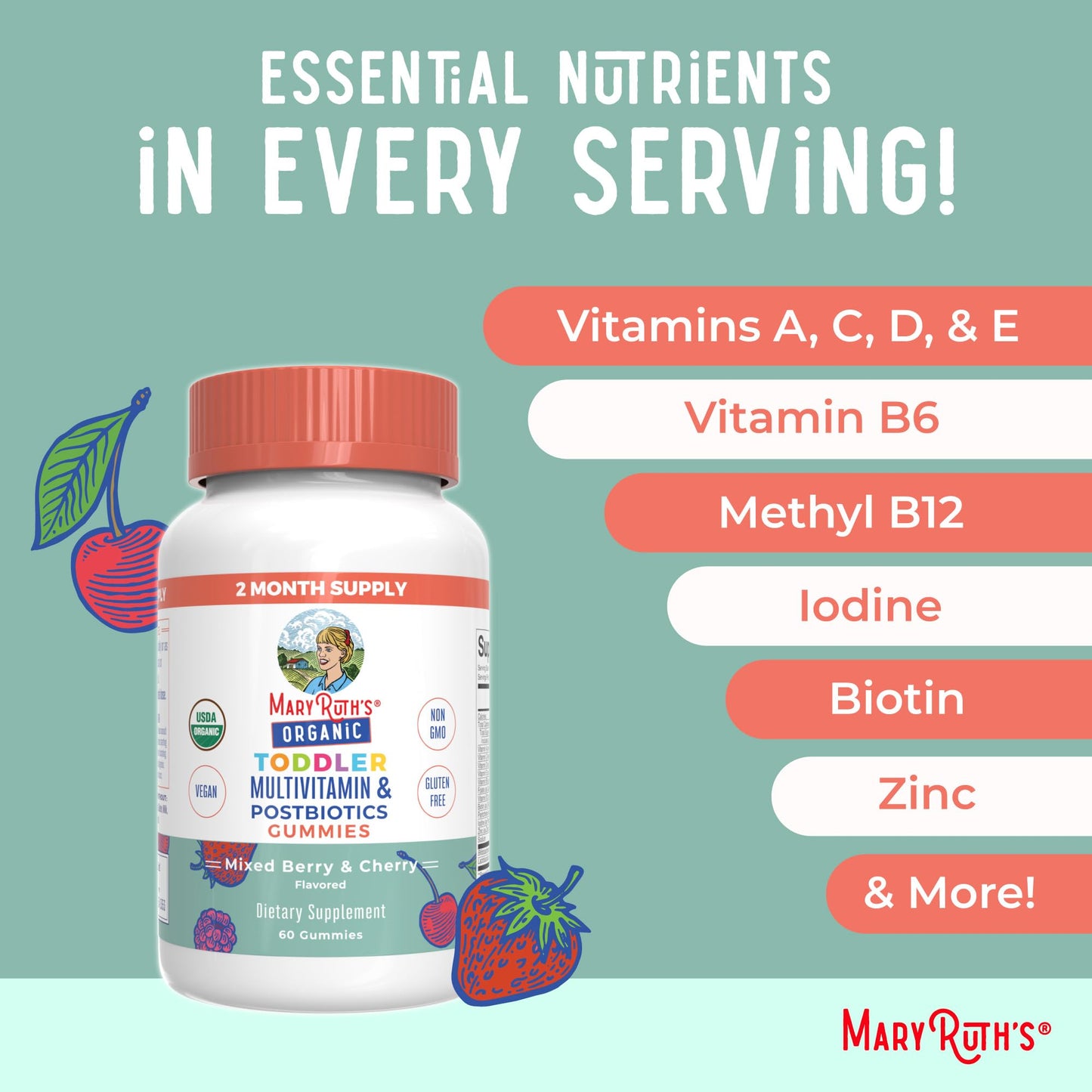 MARYRUTH'S Organics Toddler Multivitamin Gummies + Postbiotics, 60 Count