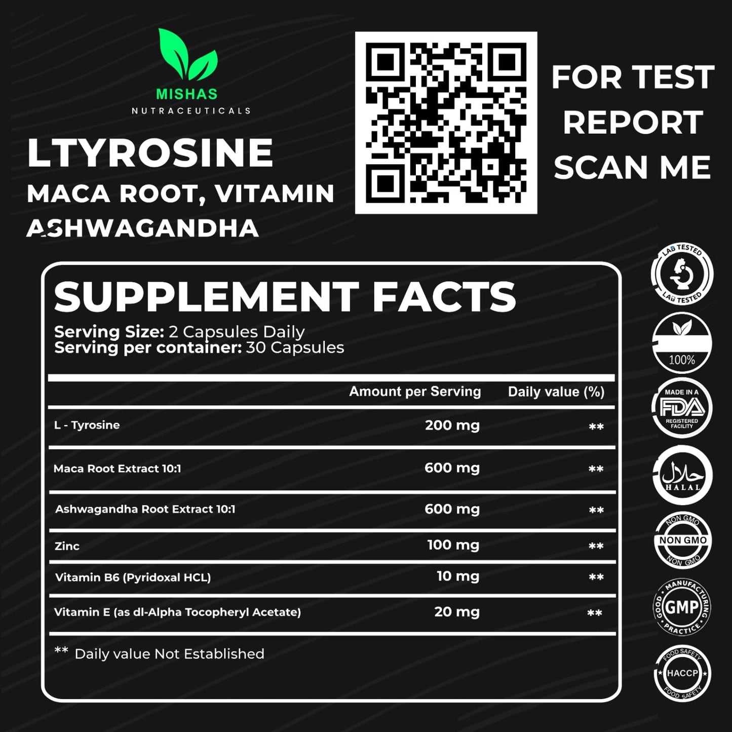 Mishas L-Tyrosine with Maca Root, Ashwagandha & Vitamins Complex, 60 Capsules