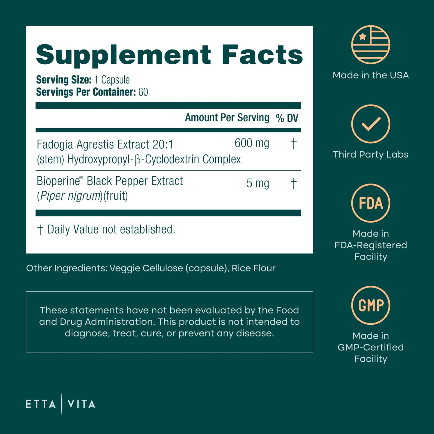 Etta Vita Organic Fadogia Agrestis 600mg Capsules, 60 Count