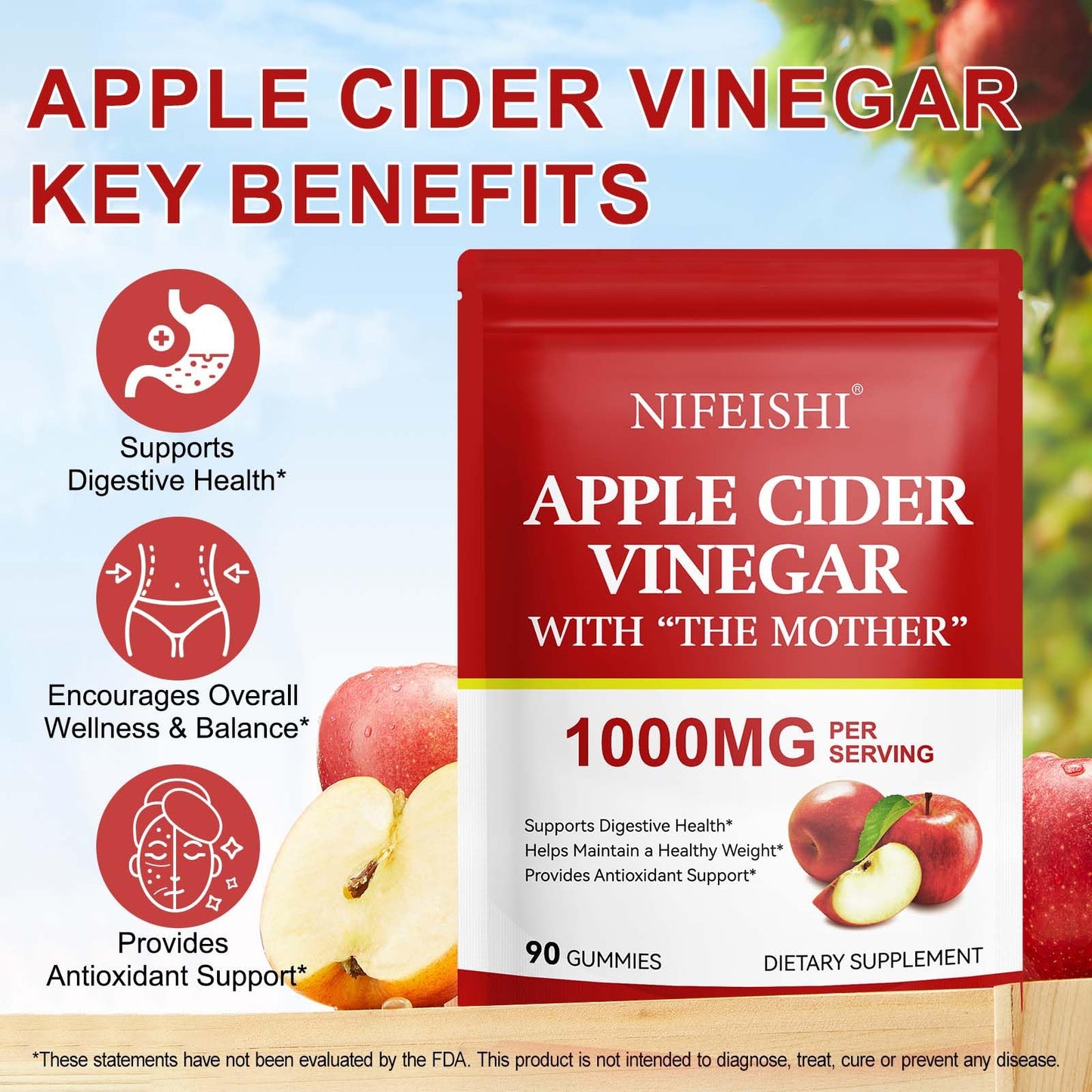NIFEISHI Apple Cider Vinegar Gummies with Mother, 1000mg ACV, 90 Count