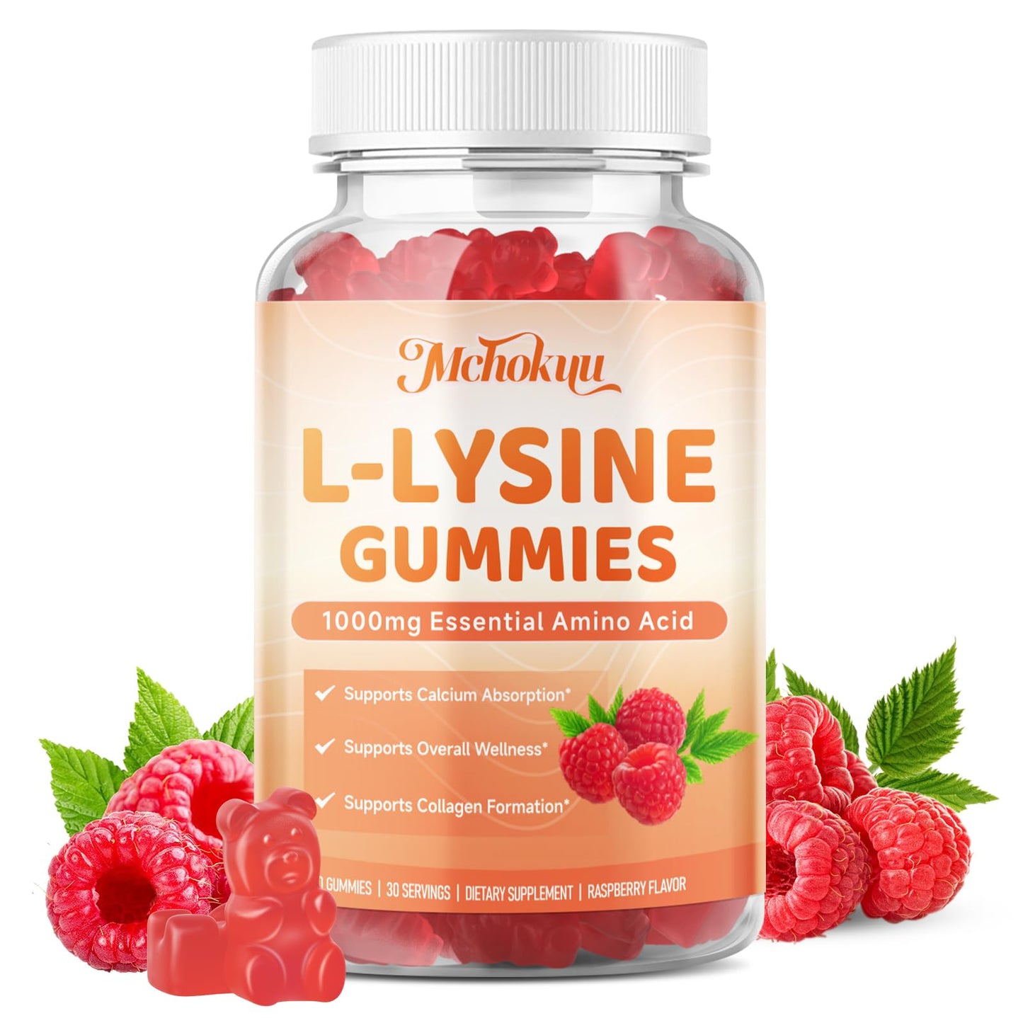Mchokuu L-Lysine 1000mg Gummies for Adults – Supports Collagen & Calcium, 60 Count