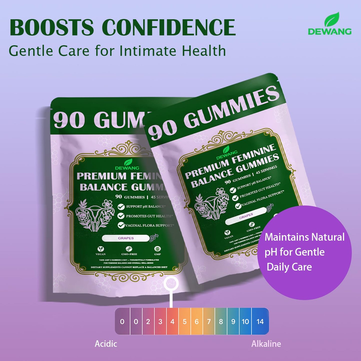 DEWANG Premium Feminine Balance Gummies for Women’s – Immune Support & pH Balance – Vegan, Gluten-Free – Grape Flavor, 90 Gummies