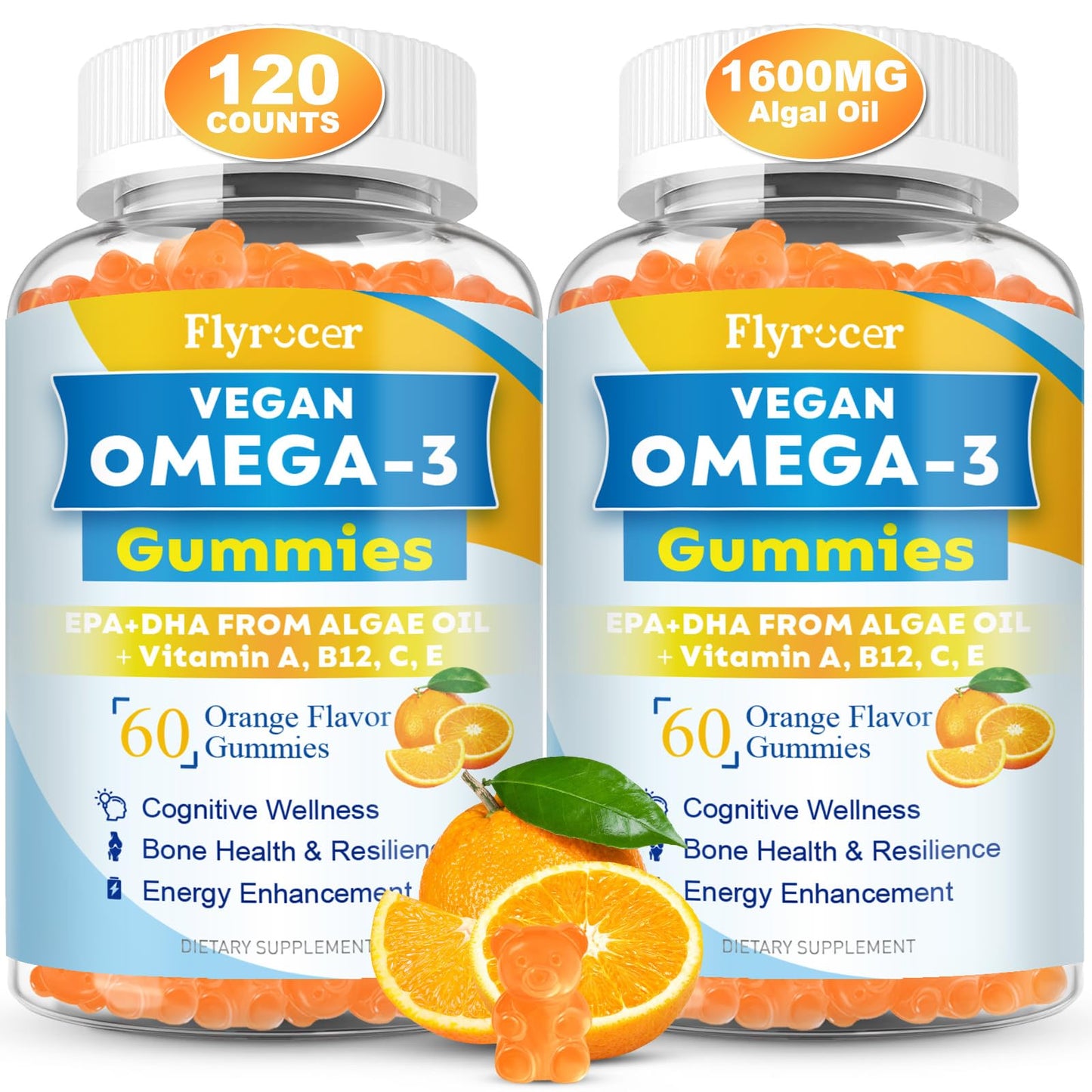 Flyrocer Vegan Omega-3 Gummies with Algal Oil DHA & EPA, 120 Gummies