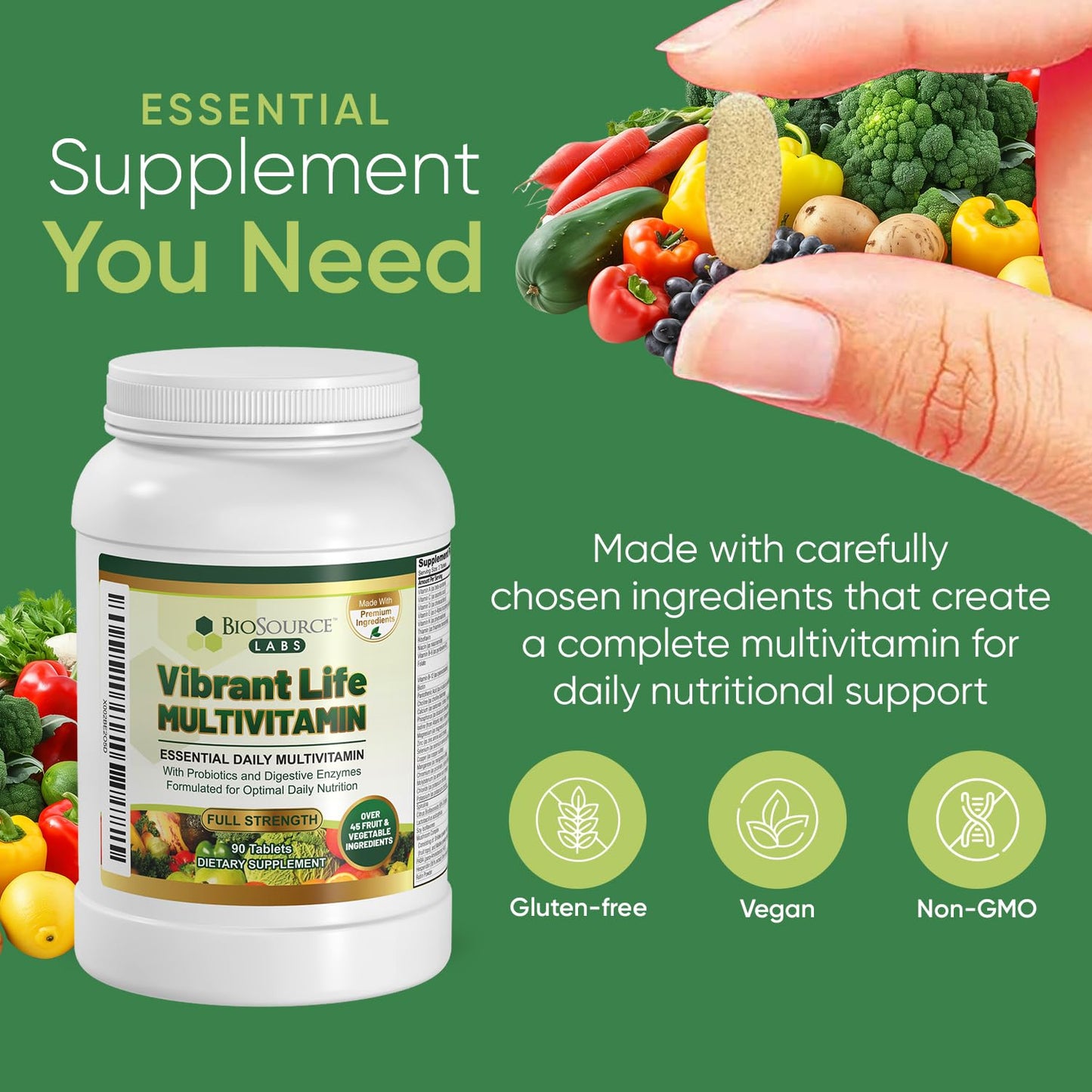 BioSource Labs Vibrant Life Multivitamin with Probiotics, Digestive Enzymes & B-Complex – Over 45 Fruits and Veggies, Non-GMO, Gluten-Free, Daily Vitamins & Minerals for Men & Women 90 Tablets