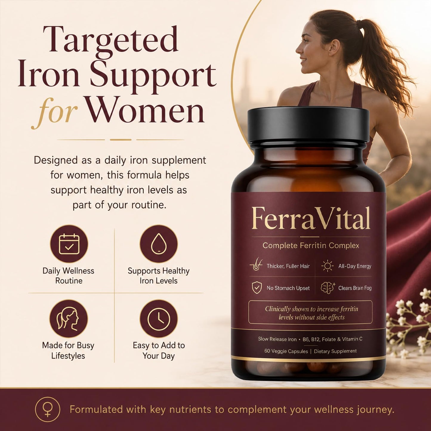 PRIDEWELL FerraVital Ferritin Supplement for Women Iron Supplement with Ferrous Glycinate, Vitamin C, B12, B6, Folate & Zinc – Supports Healthy Iron Levels & Daily Energy, 60 Capsules