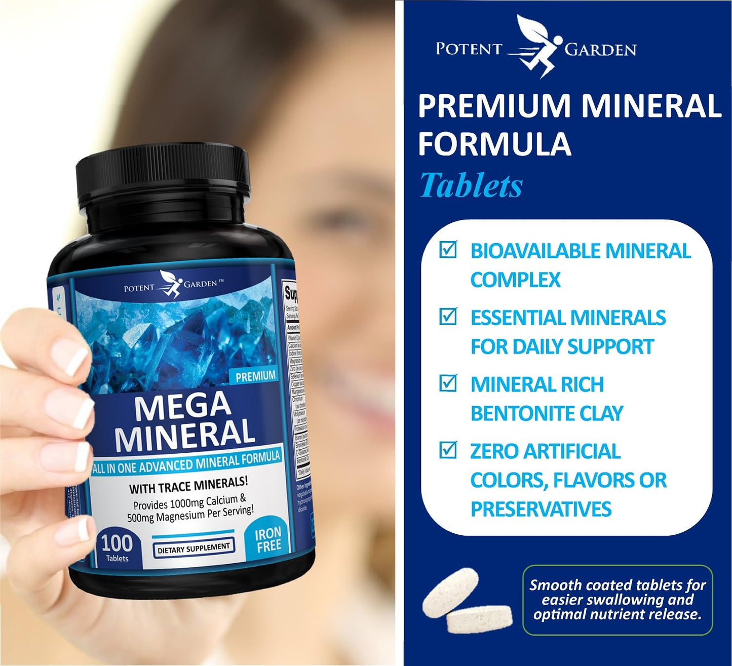 Potent Garden Mega Mineral Supplement Complete Mineral Complex with Calcium Magnesium Zinc Potassium Boron Selenium Chromium & 72 Trace Minerals Iron Free Calcium Supplement, Tablets, 200 Count
