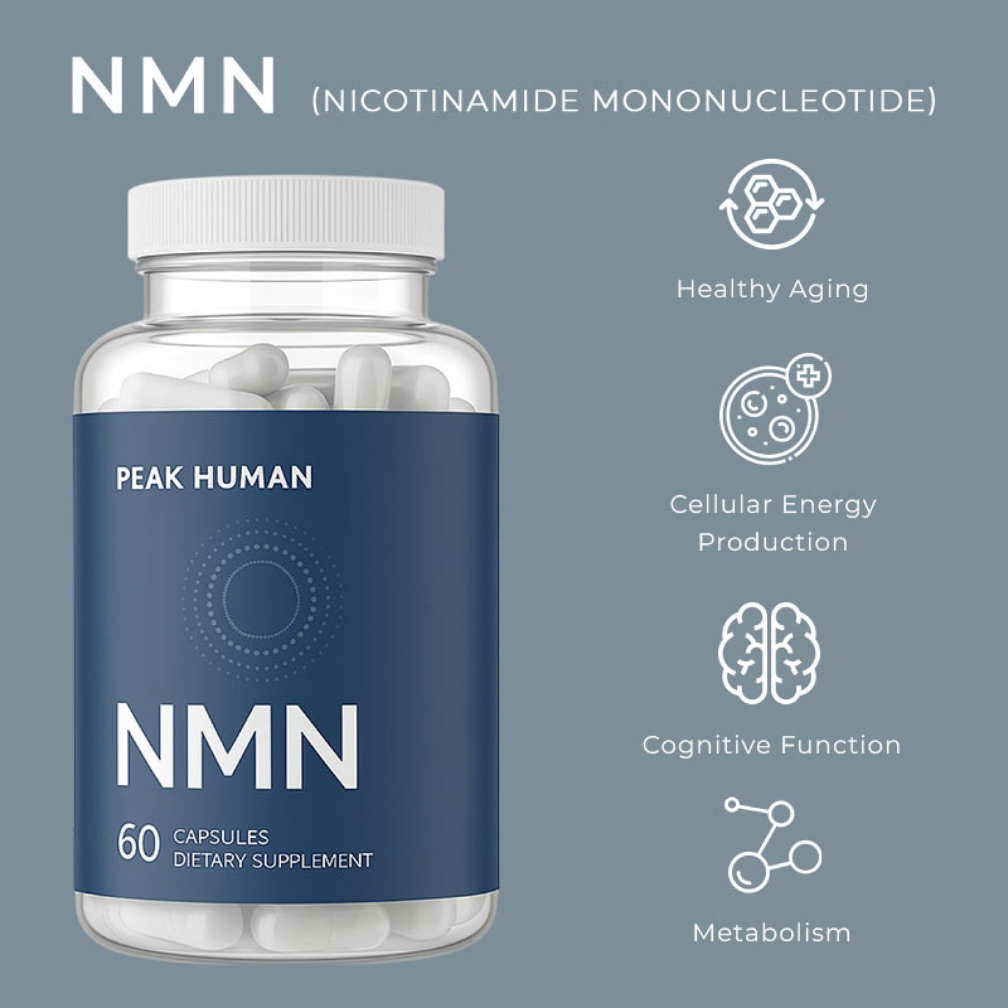 Peak Human Beta-NMN Beta Nicotinamide Mononucleotide NAD+ Precursor - Advanced Cellular Energy & Longevity - Promotes Vitality, Metabolic Function & Focus - Non-GMO, Vegan Capsules 1 Count