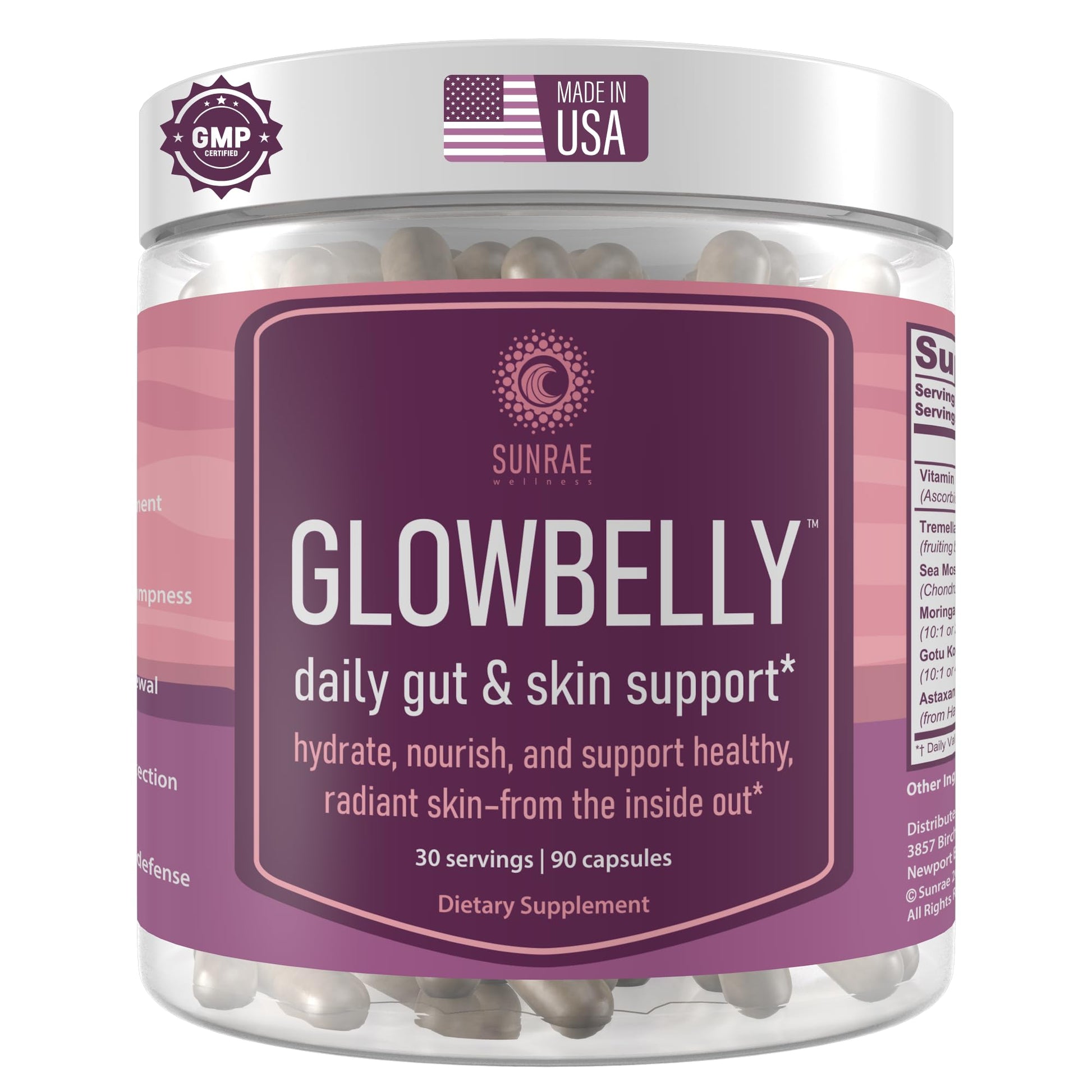 Sunrae Wellness Glowing Skin Supplement with Gotu Kola, Moringa, Sea Moss, Astaxanthin & Tremella Mushroom – for Skin Hydration, Gut Health, Anti-Aging & Radiance – 90 Capsules