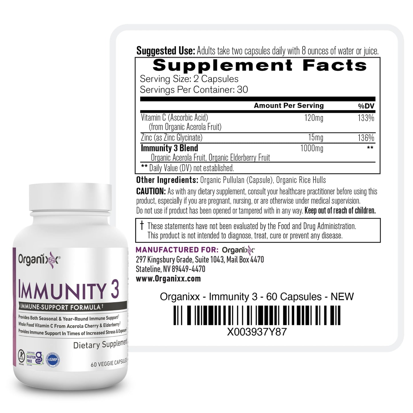 Organixx Immunity 3 Immune Support Supplement – Vitamin C, Zinc, Elderberry – 60 Capsules
