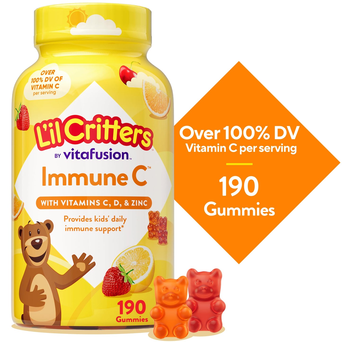 Lil Critters Immune C Daily Gummy Supplement for Kids, Vitamin C, D and Zinc for Immune Support, 190 Gummies