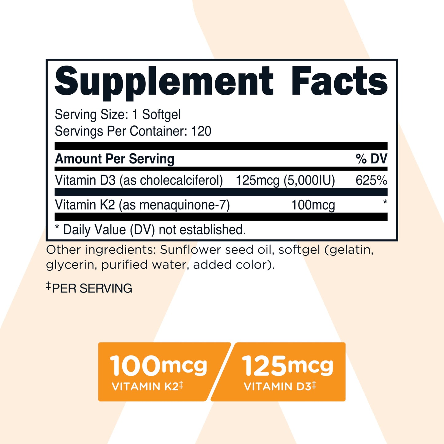 TransformHQ Vitamin K2 (MK7) 100mcg + Vitamin D3 5000 IU Softgels, 120 Count