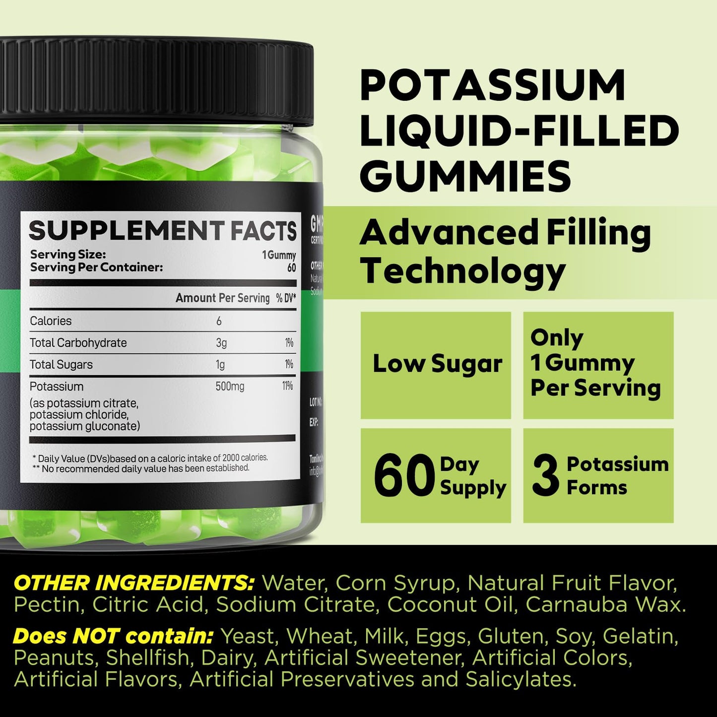 Yutiny Potassium Supplement 500mg 3 in 1 Complex Gummies, 60 Gummies