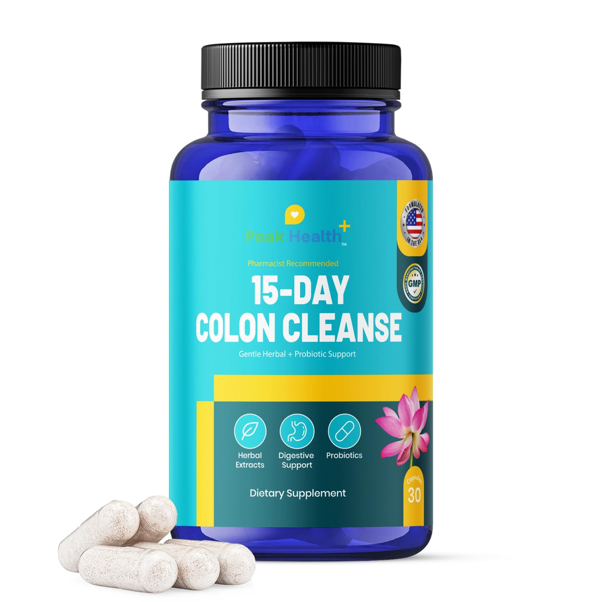 Peak Health Gentle Gut Cleanse 15 Day Digestive Comfort Support for Adults - Psyllium, Probiotics & Aloe, 30 Capsules