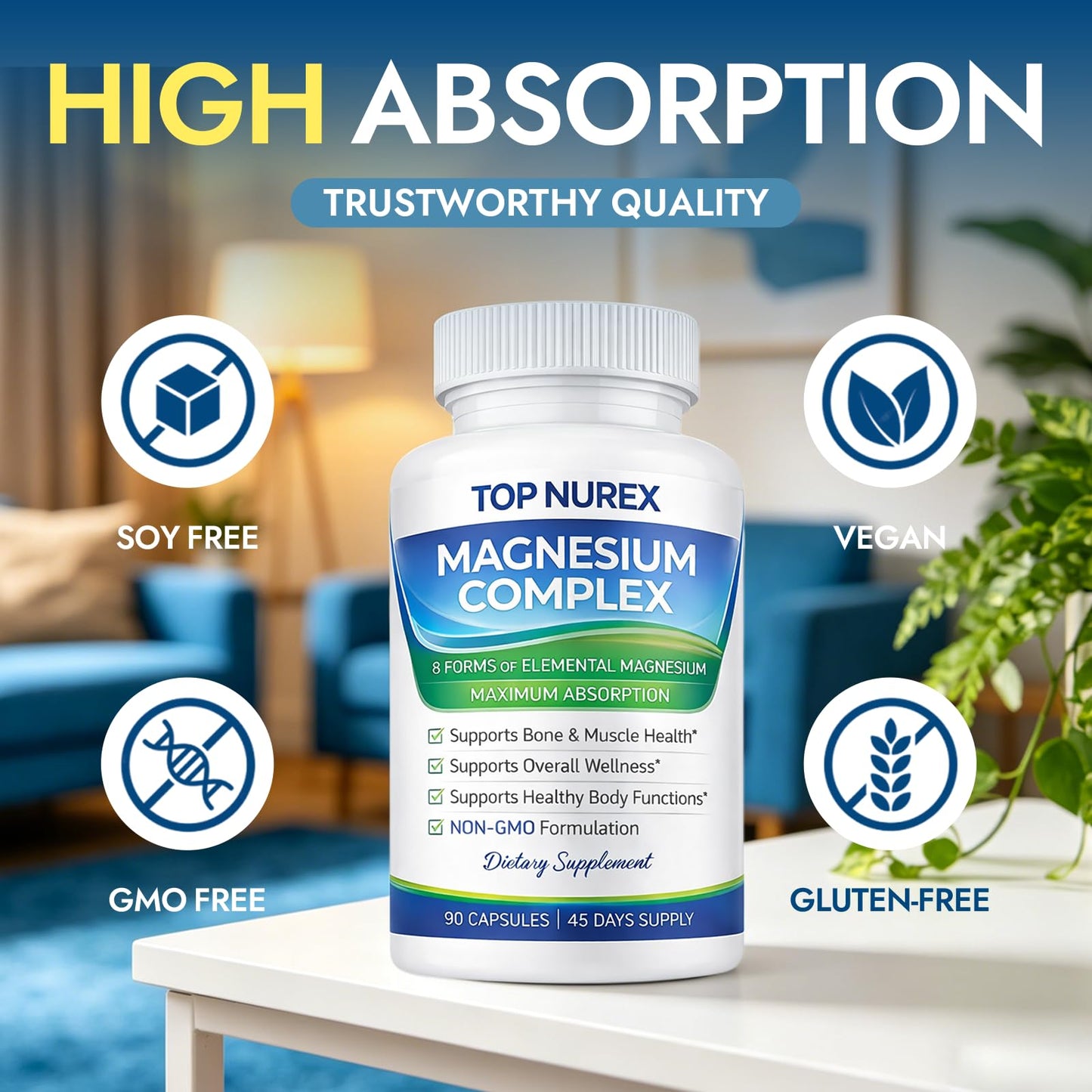 Top Nurex Magnesium Complex 1000 mg, 8-Source Magnesium Blend with Glycinate, Citrate, Malate & Taurate, Vegan Formula, Non-GMO, 90 Capsules