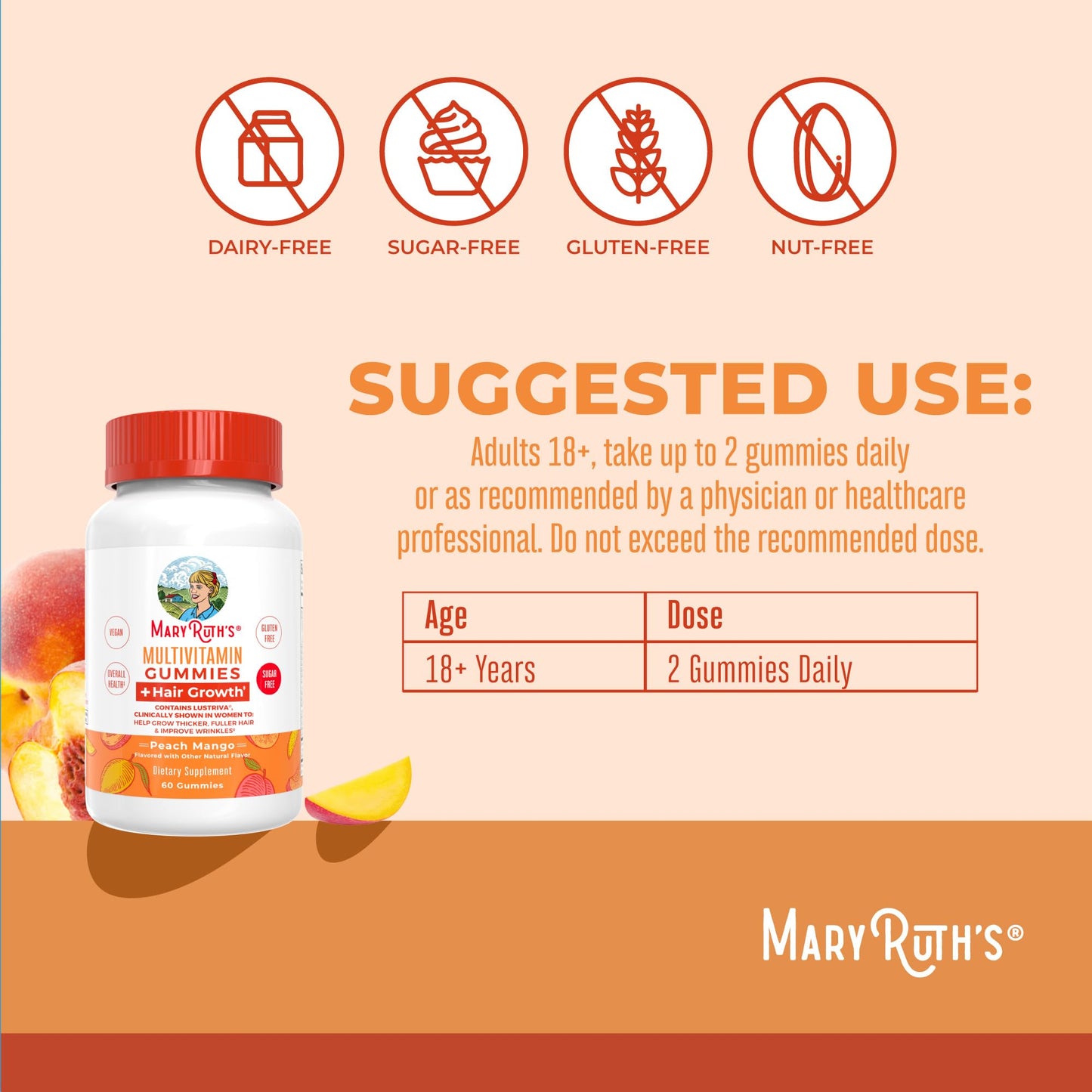 MARYRUTH'S Multivitamin + Hair Growth Gummies 120 Count