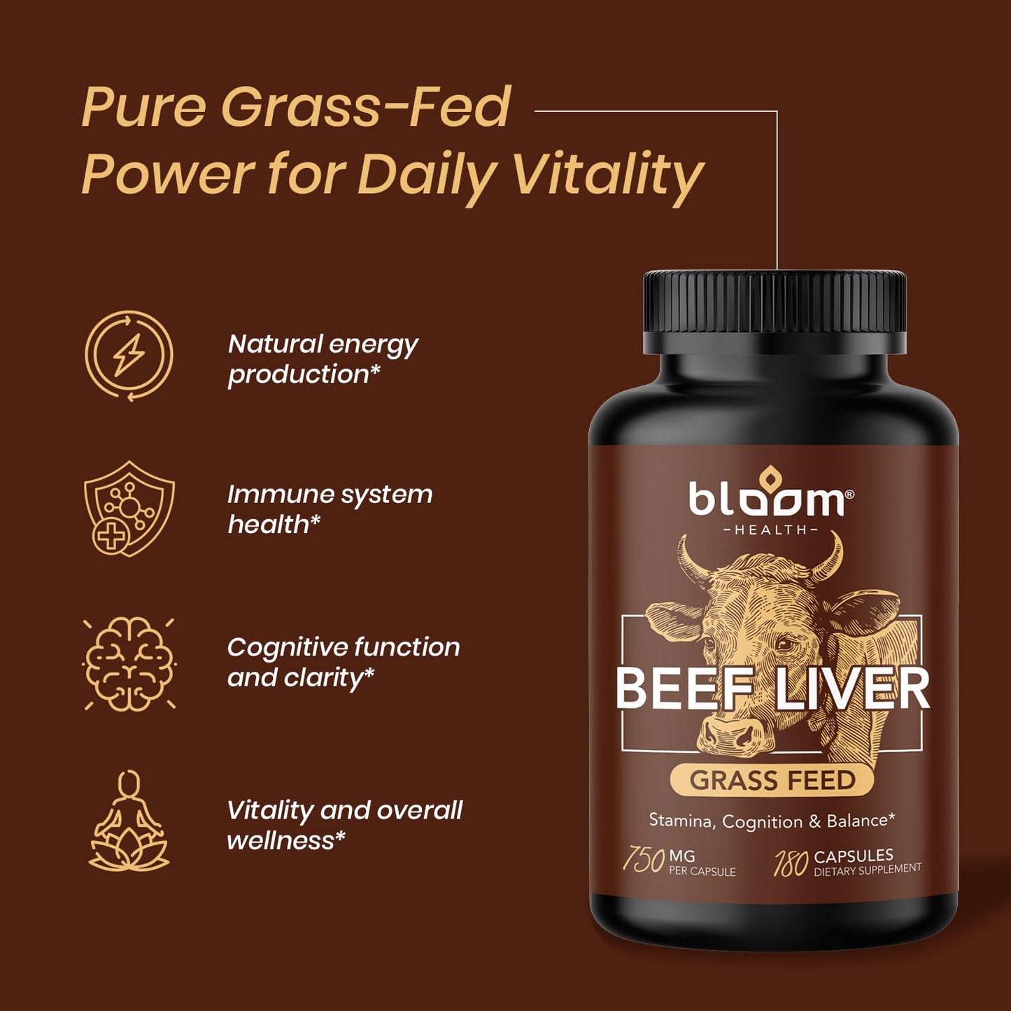 Bloom Health Grass Fed Beef Liver Supplement Capsules, 180 Capsules