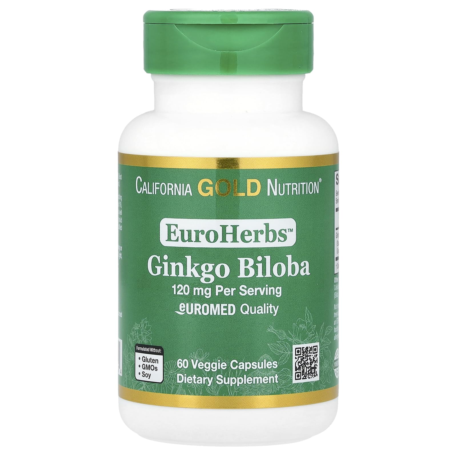 California Gold Nutrition Ginkgo Biloba Extract 120 mg Euromed Quality, Capsules, 60 Veggie Capsules