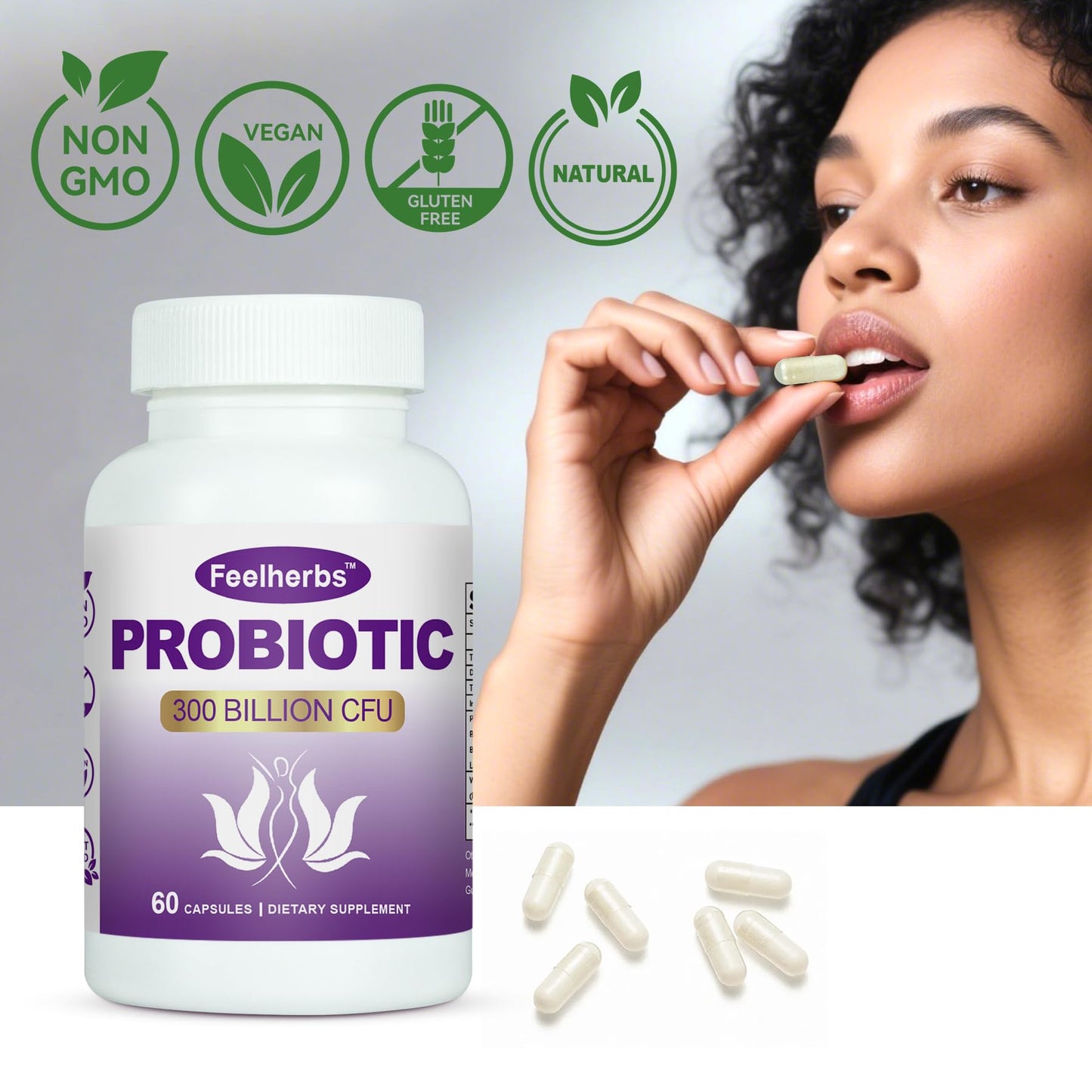 Feelherbs Probiotics Capsules for Women pH Balance & Gut, 300 Billion CFU, 60 Veggie Capsules