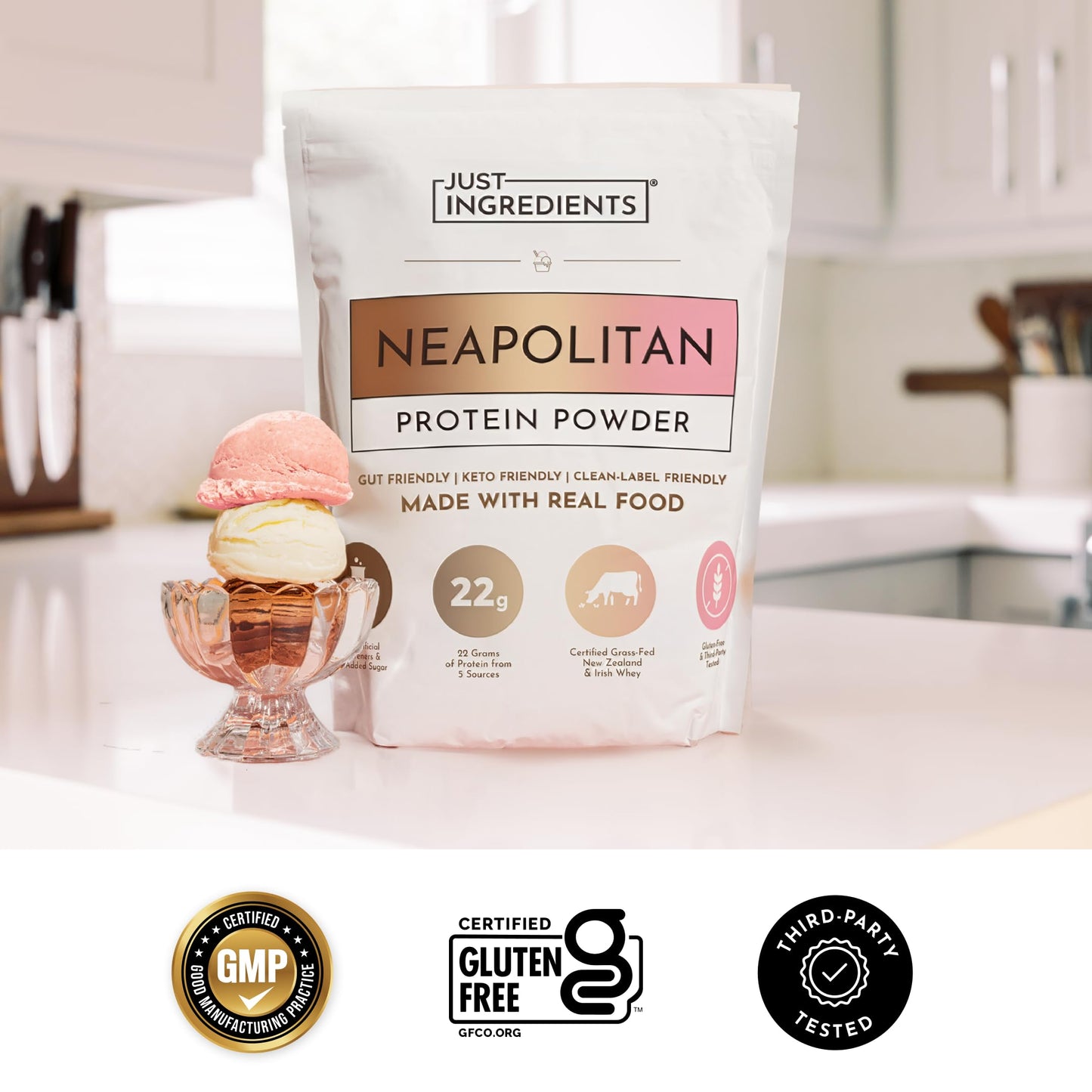 JUST INGREDIENTS Neapolitan Grass-Fed Whey Protein Powder, 15 Servings