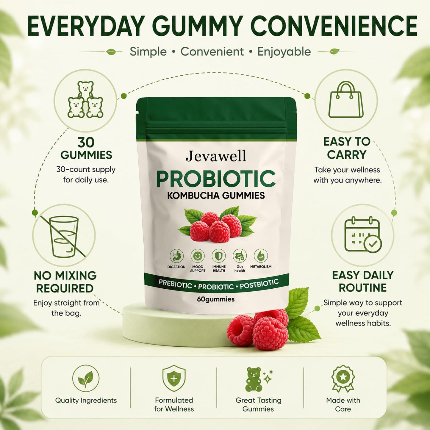 Hanachi Jevawell Kombucha Gummies with Prebiotics & Fiber, Infuse Probiotic Kombucha Gummies for Women with Slippery Elm, Dandelion Root & MCT Oil, Daily Digestive Wellness Supplement, 60 Gummies