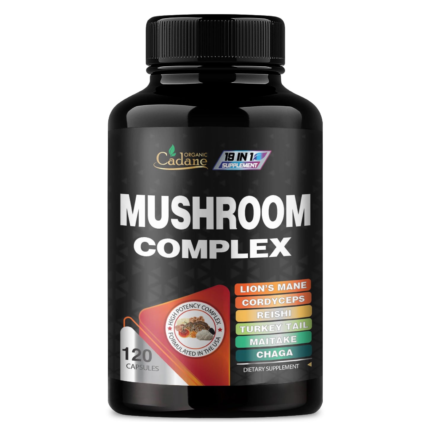 Organic Cadane Mushroom Complex Supplements 19in1 Concentrated with Lions Mane, Cordyceps Sinensis, Reishi, Turkey Tail Mushroom, Maitake, Chaga, Shiitake, Enoki, Agaricus, and More 120 Capsules