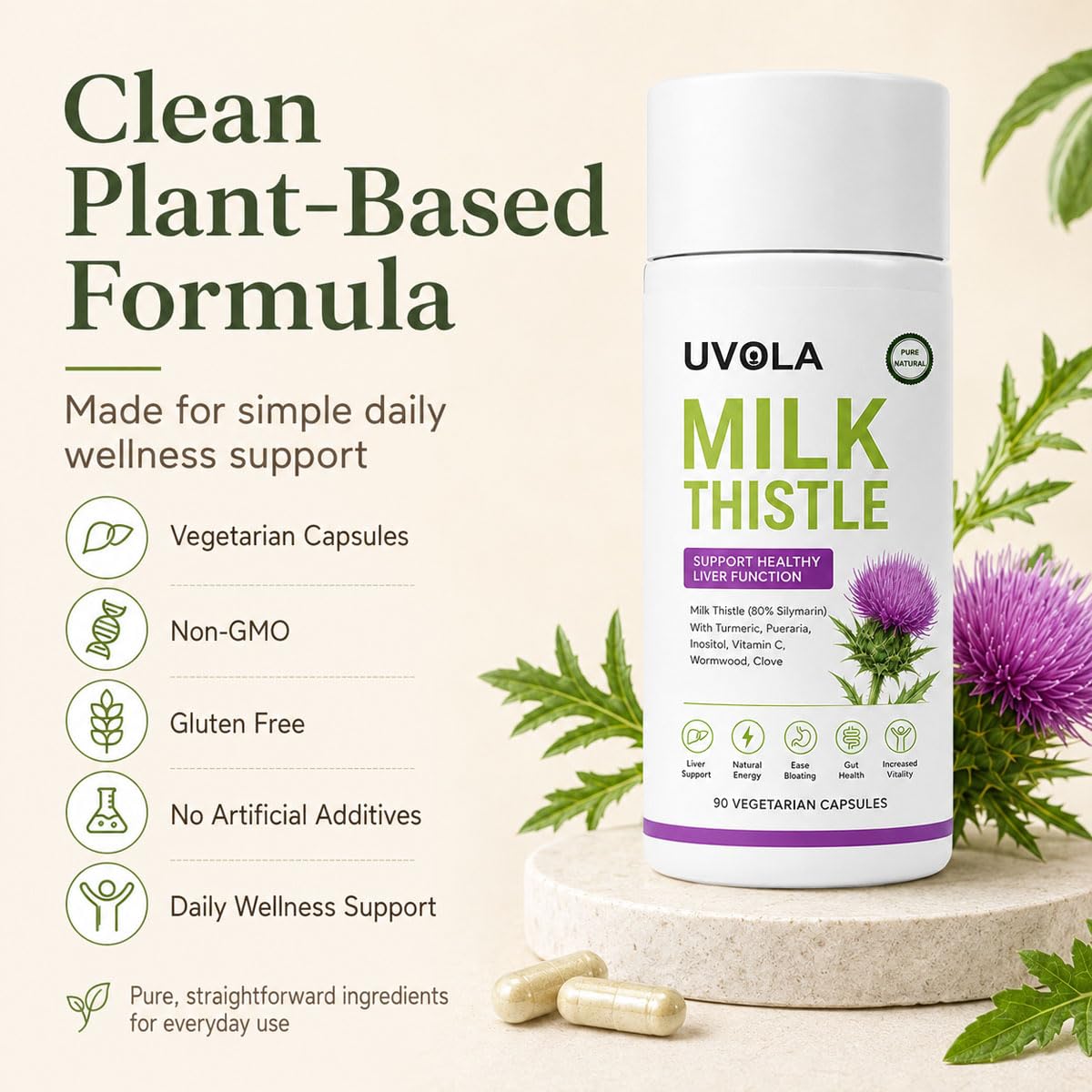 Vuiea Natural Milk Thistle Supplement 80% Silymarin Capsule, 90 Count