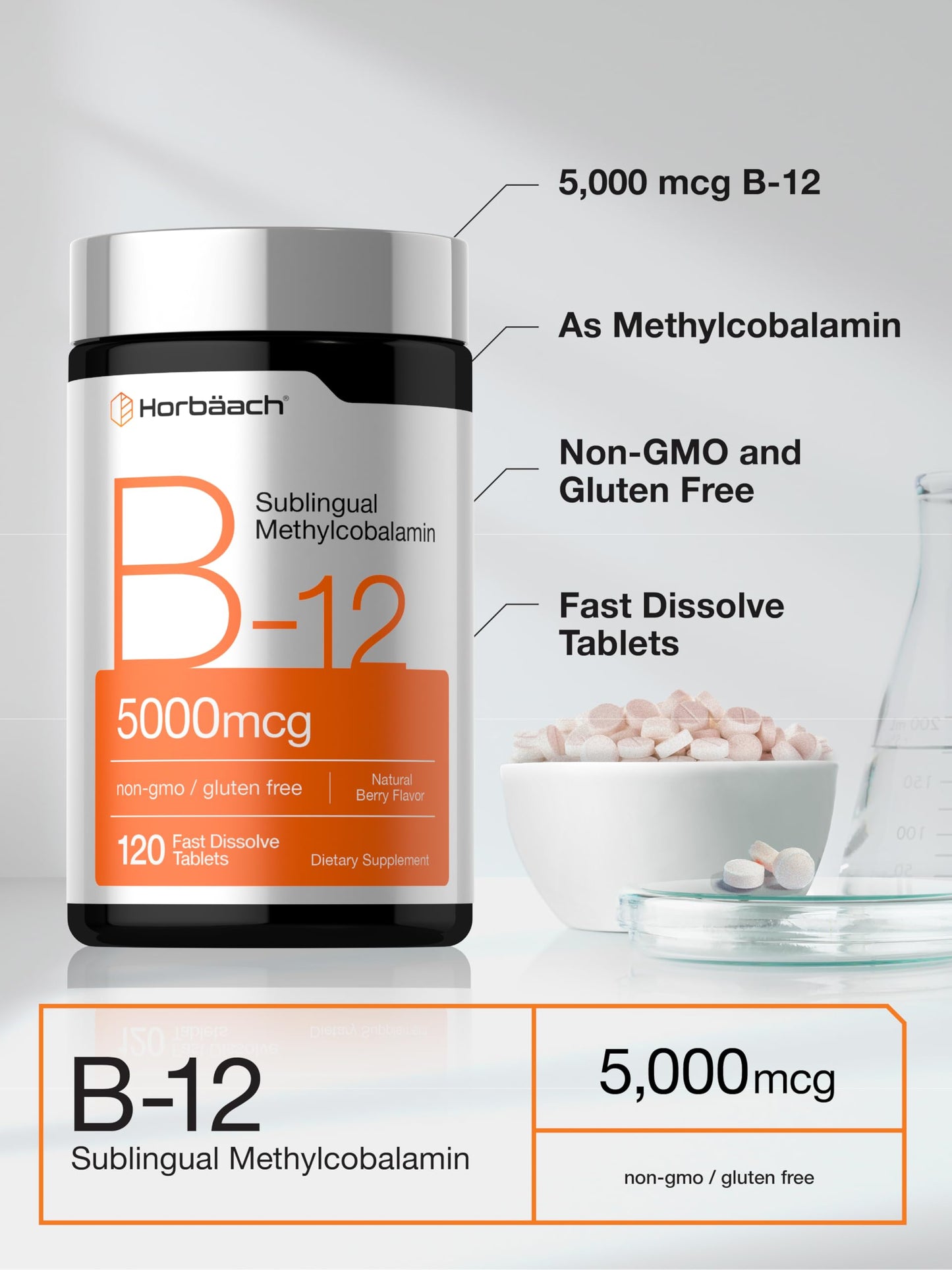 Horbäach B12 Vitamin 5000 mcg Fast-Dissolve Tablets, 120 Tablets