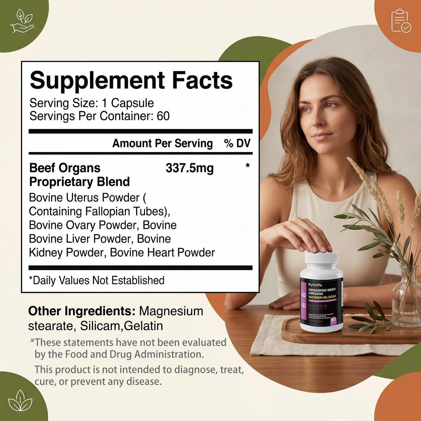 Oopeatol Grass Fed Beef Organ Supplement for Women Capsules 60 Count